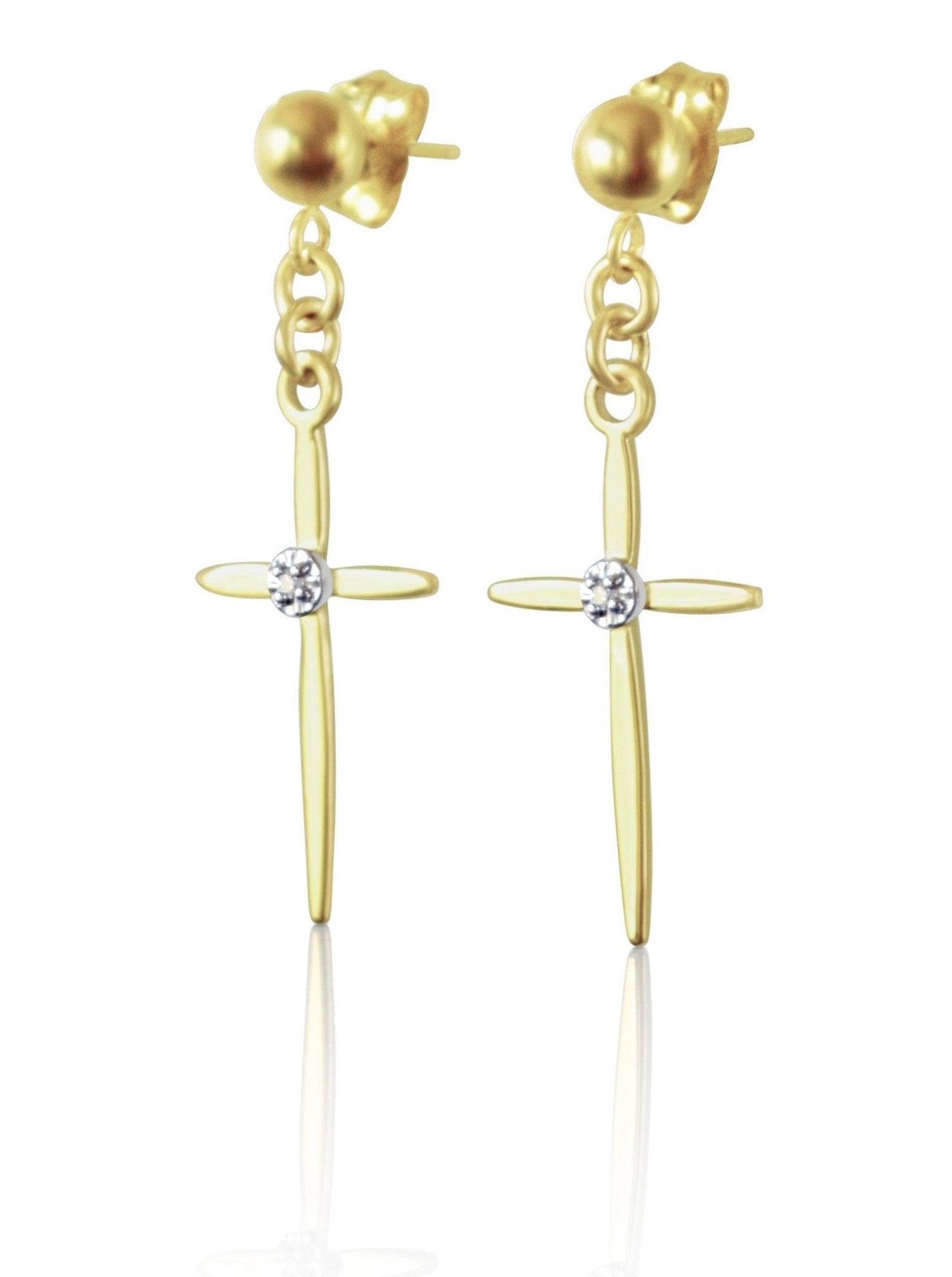 Men's 14K Gold Cross Earrings With Real Diamonds - LeSilveStone