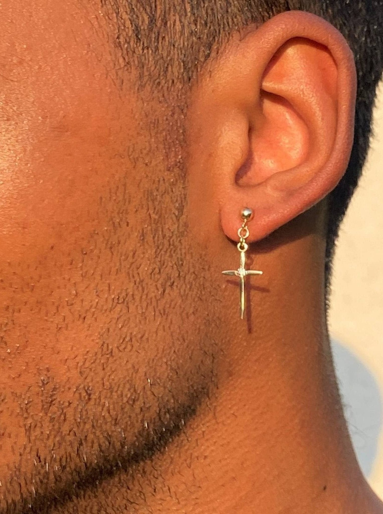 Men's 14K Gold Cross Earrings With Real Diamonds - LeSilveStone