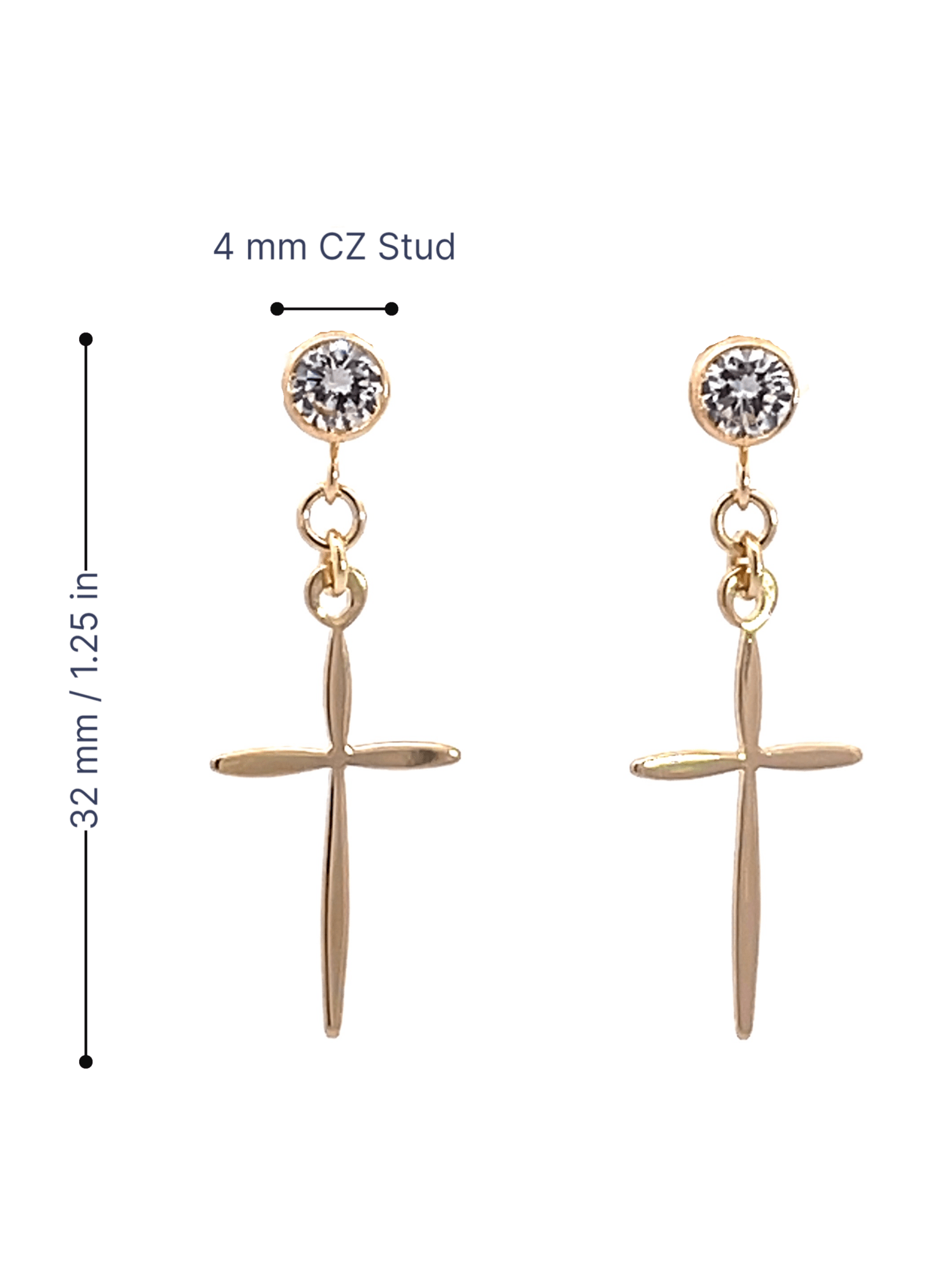 Men's 14K Gold Dangle Cross Earrings with Cubic Zirconia Diamond Stud - LeSilveStone