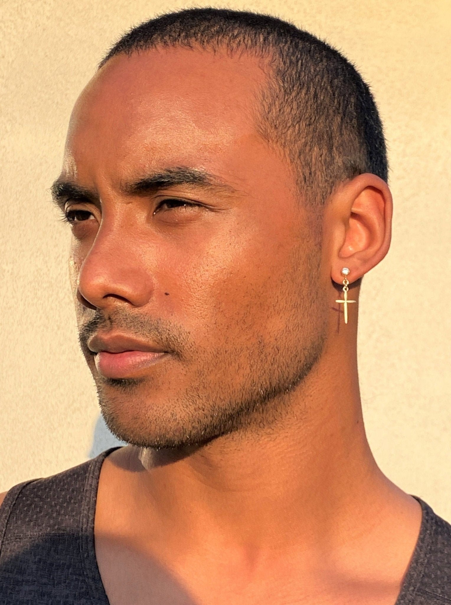 Men's 14K Gold Dangle Cross Earrings with Cubic Zirconia Diamond Stud - LeSilveStone