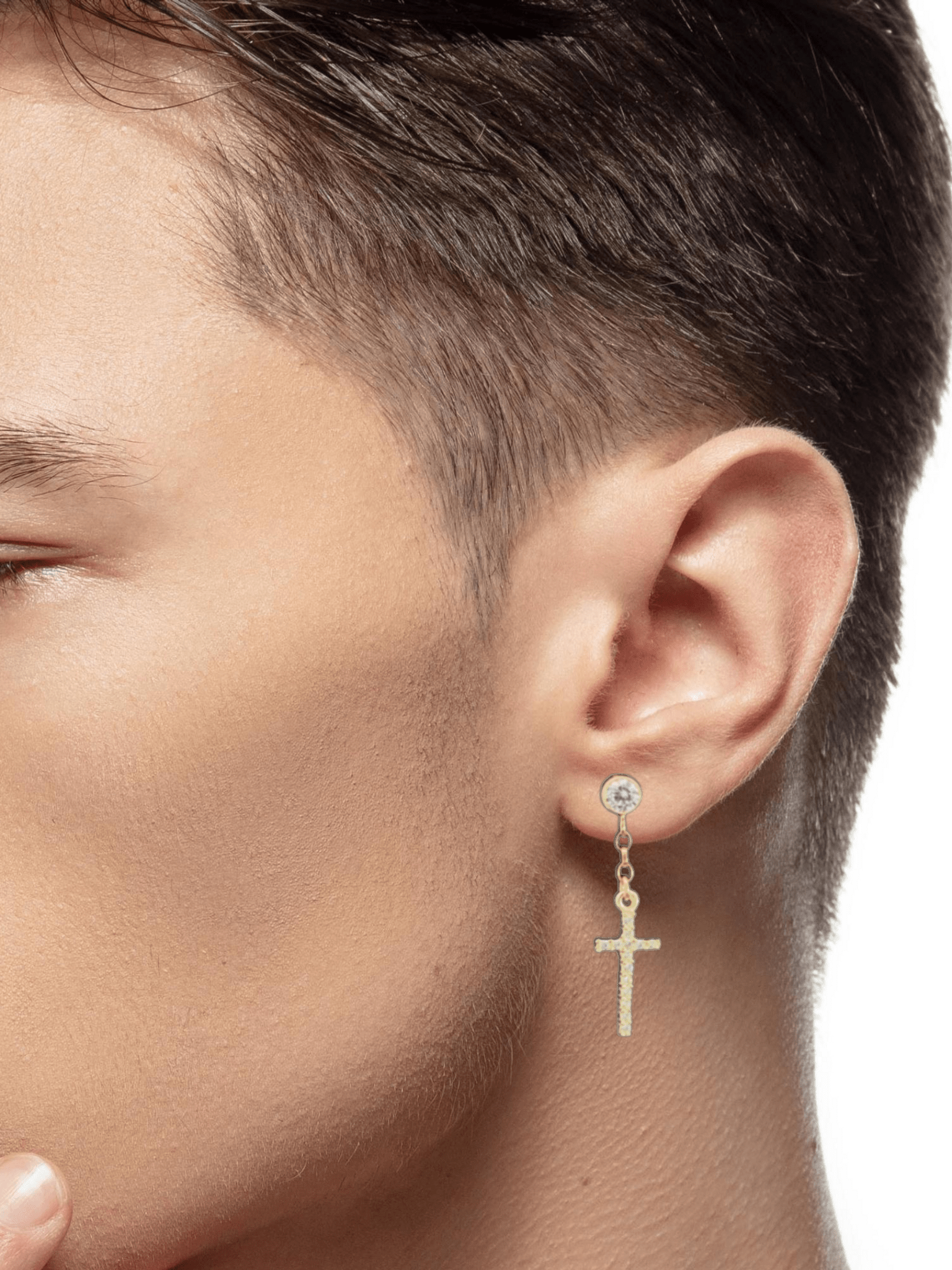 Men's Dangle Cross Earrings with White Cubic Zirconia Diamond Studs - LeSilveStone