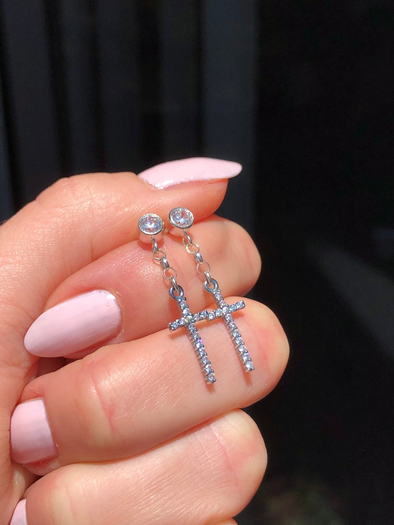 Men's Dangle Cross Earrings with White Cubic Zirconia Diamond Studs - LeSilveStone