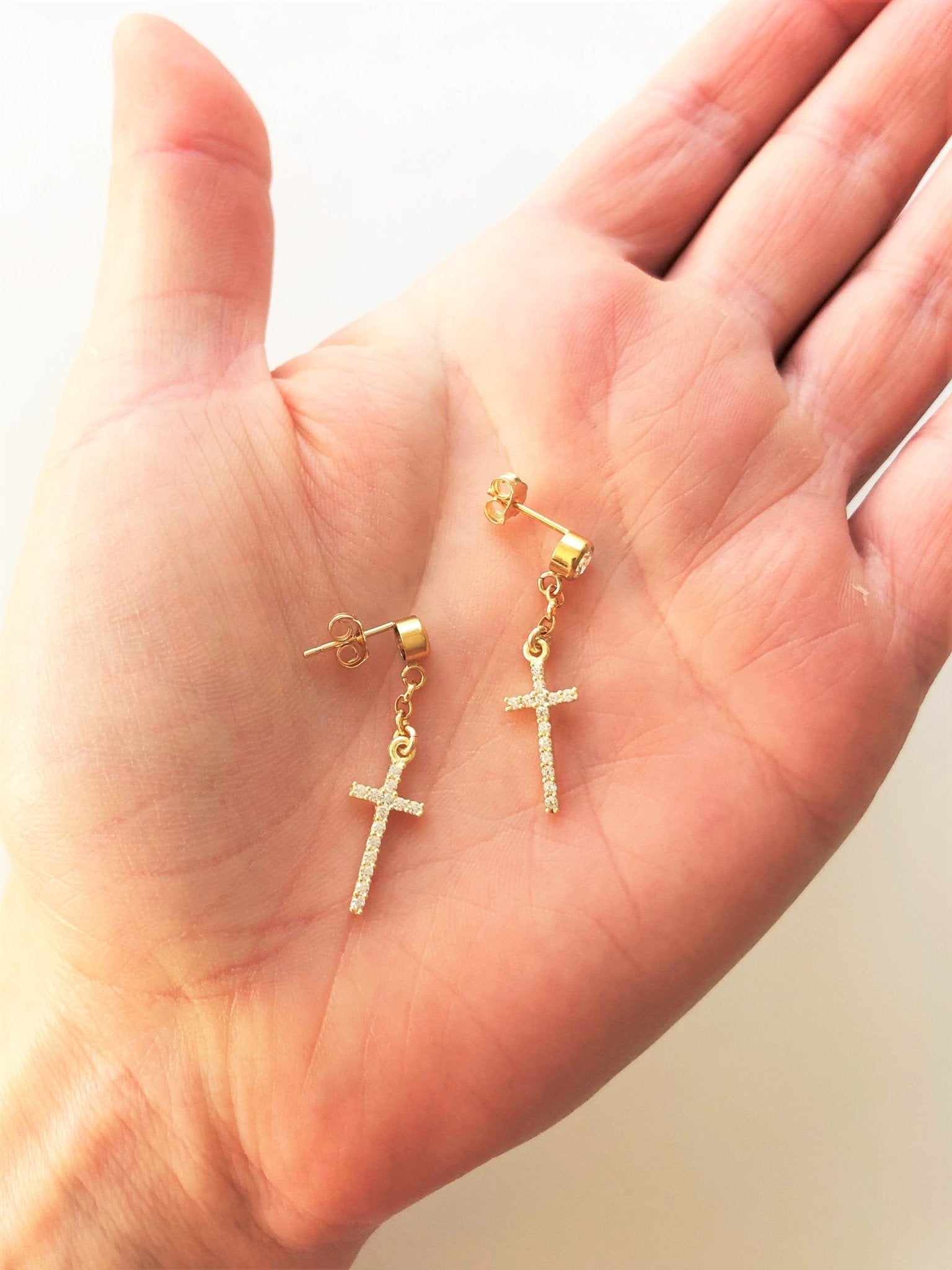 Men's Dangle Cross Earrings with White Cubic Zirconia Diamond Studs - LeSilveStone