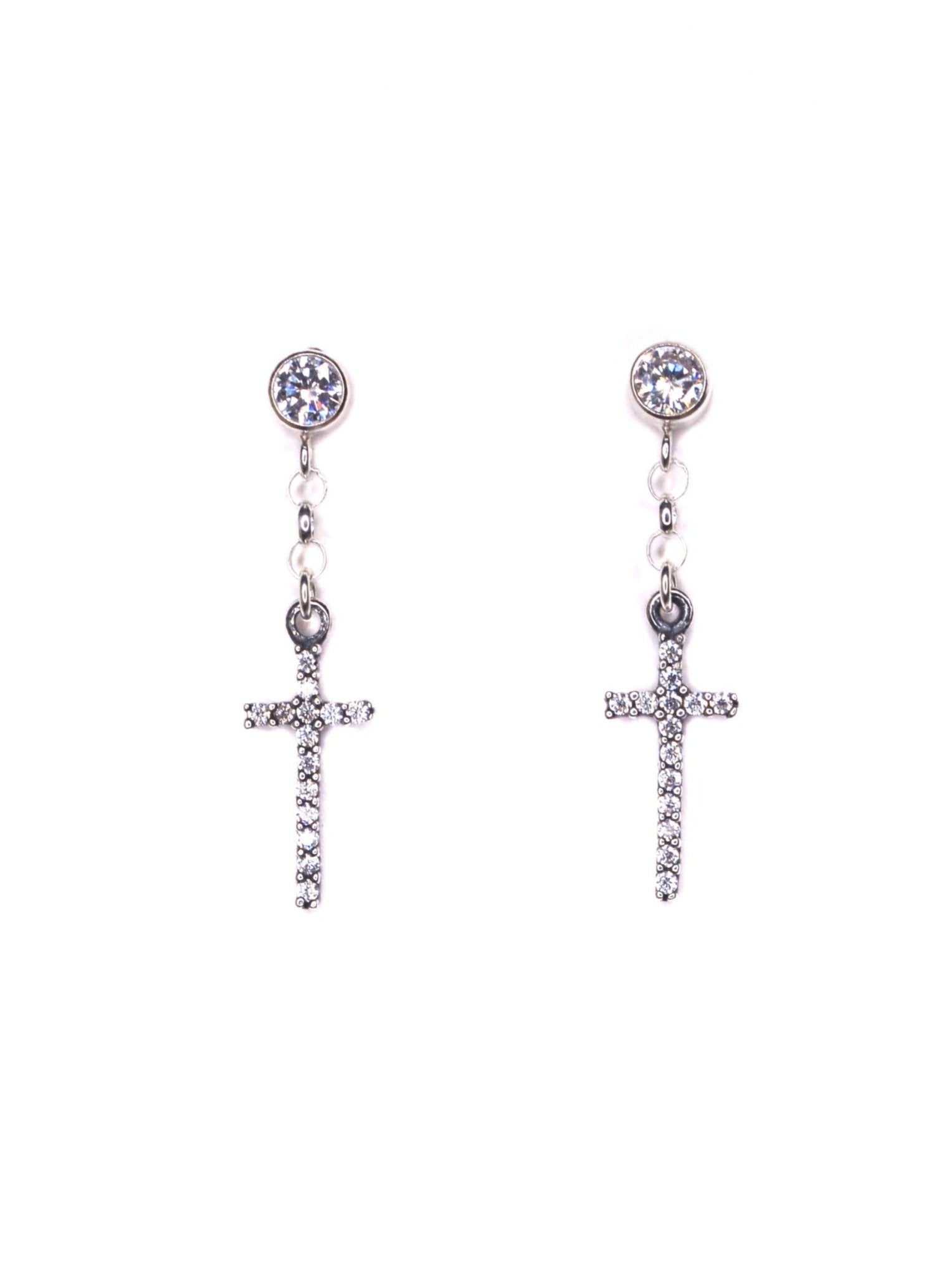 Men's Dangle Cross Earrings with White Cubic Zirconia Diamond Studs - LeSilveStone