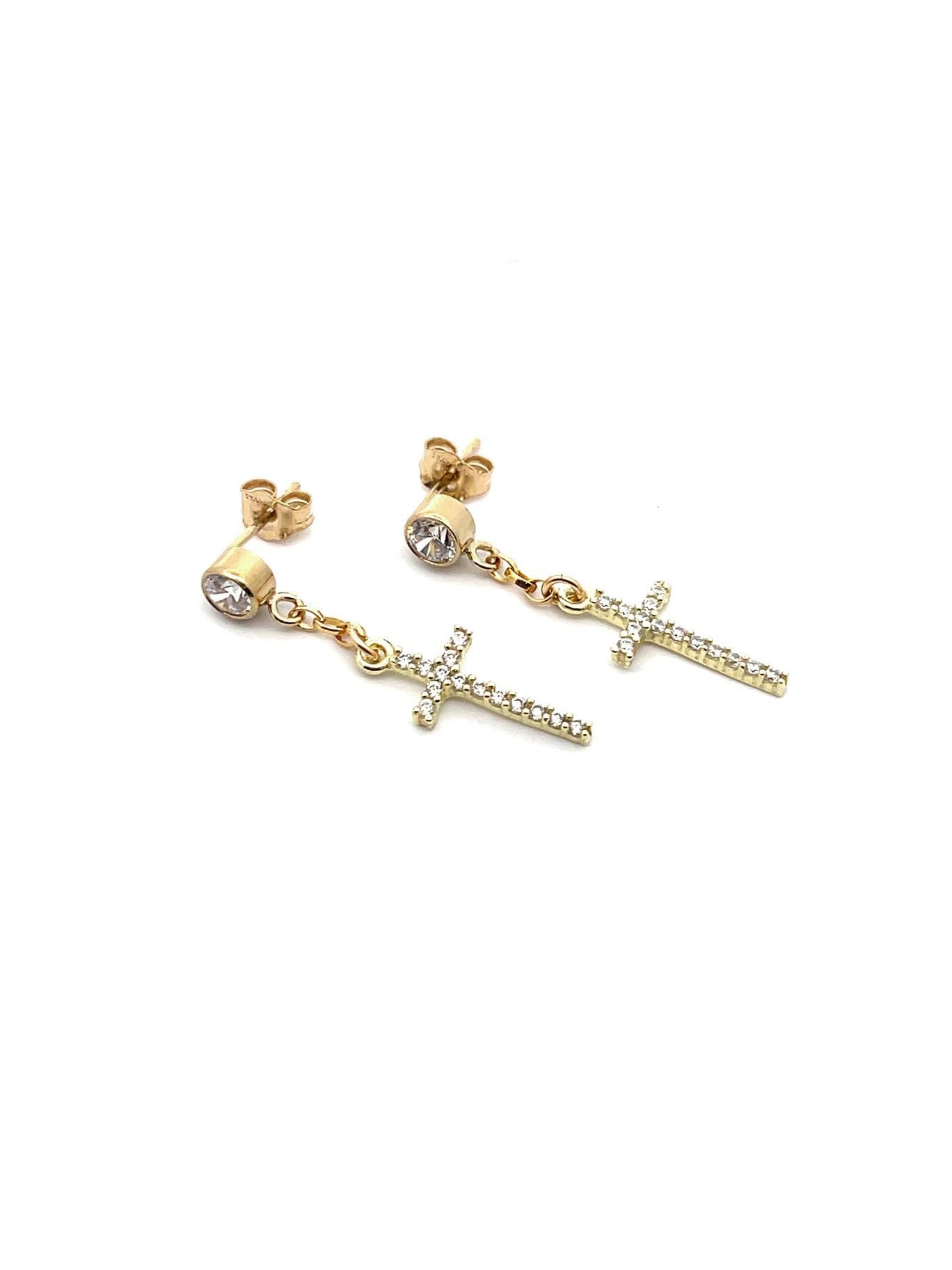 Men's Dangle Cross Earrings with White Cubic Zirconia Diamond Studs - LeSilveStone