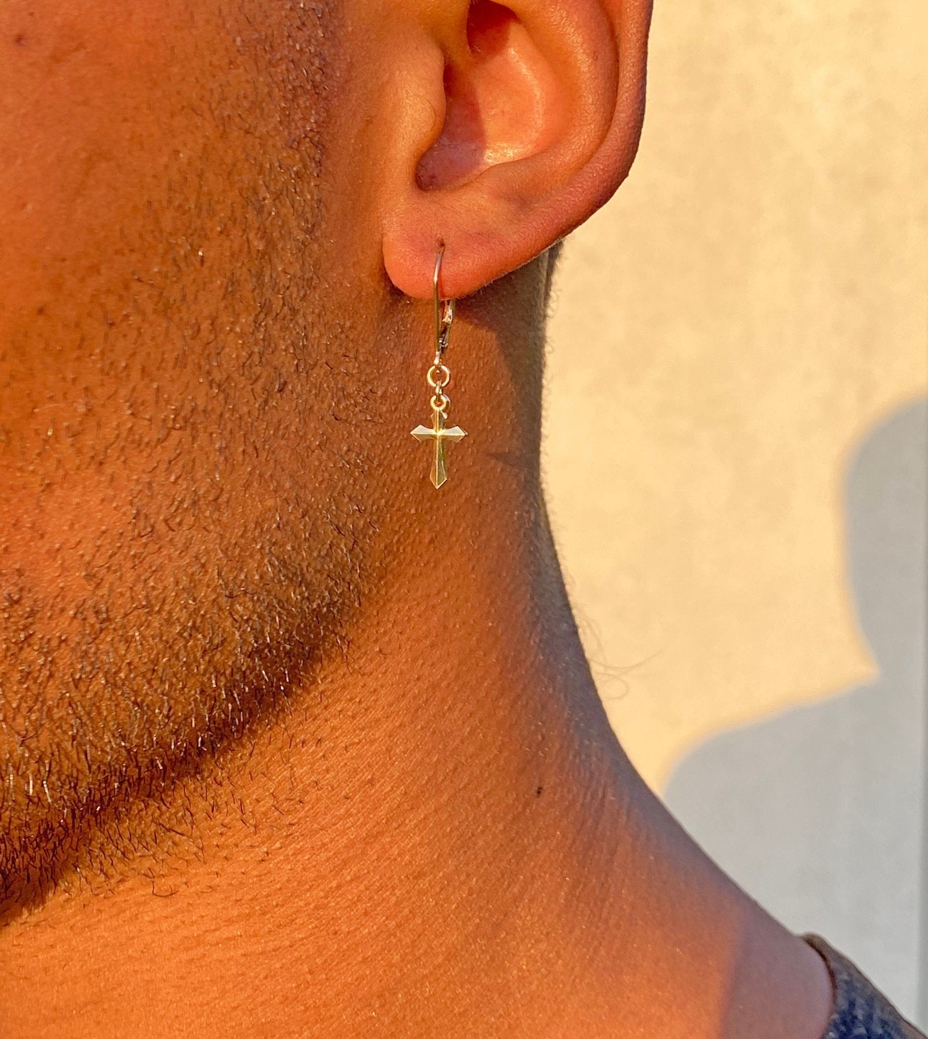 Men's Dangle Earrings with Small 3D Cross Charm - LeSilveStone