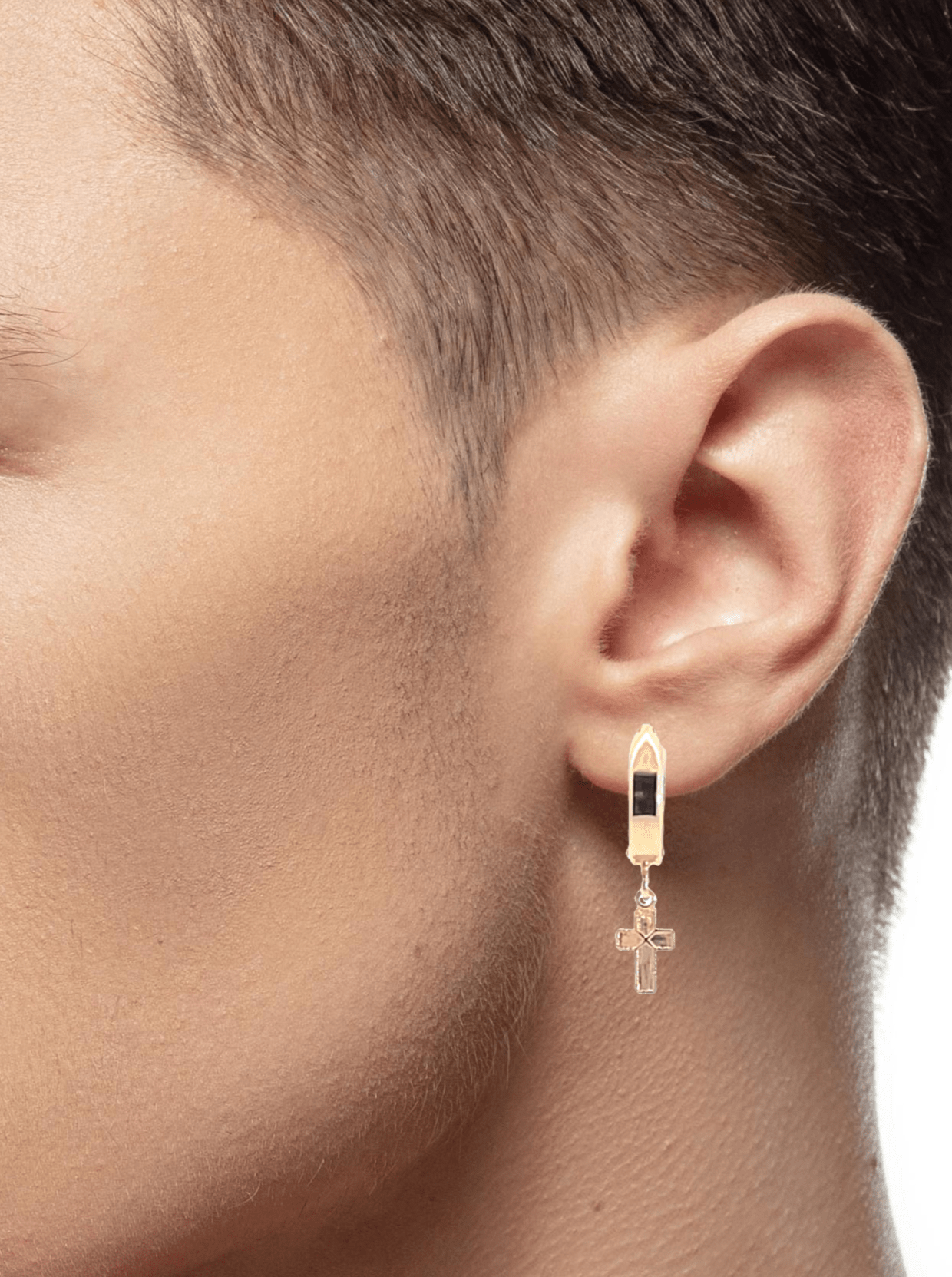 Men's Hoop Earrings Solid 14K Gold Wide Huggie with Tiny Textured Dangle Cross Charm - LeSilveStone