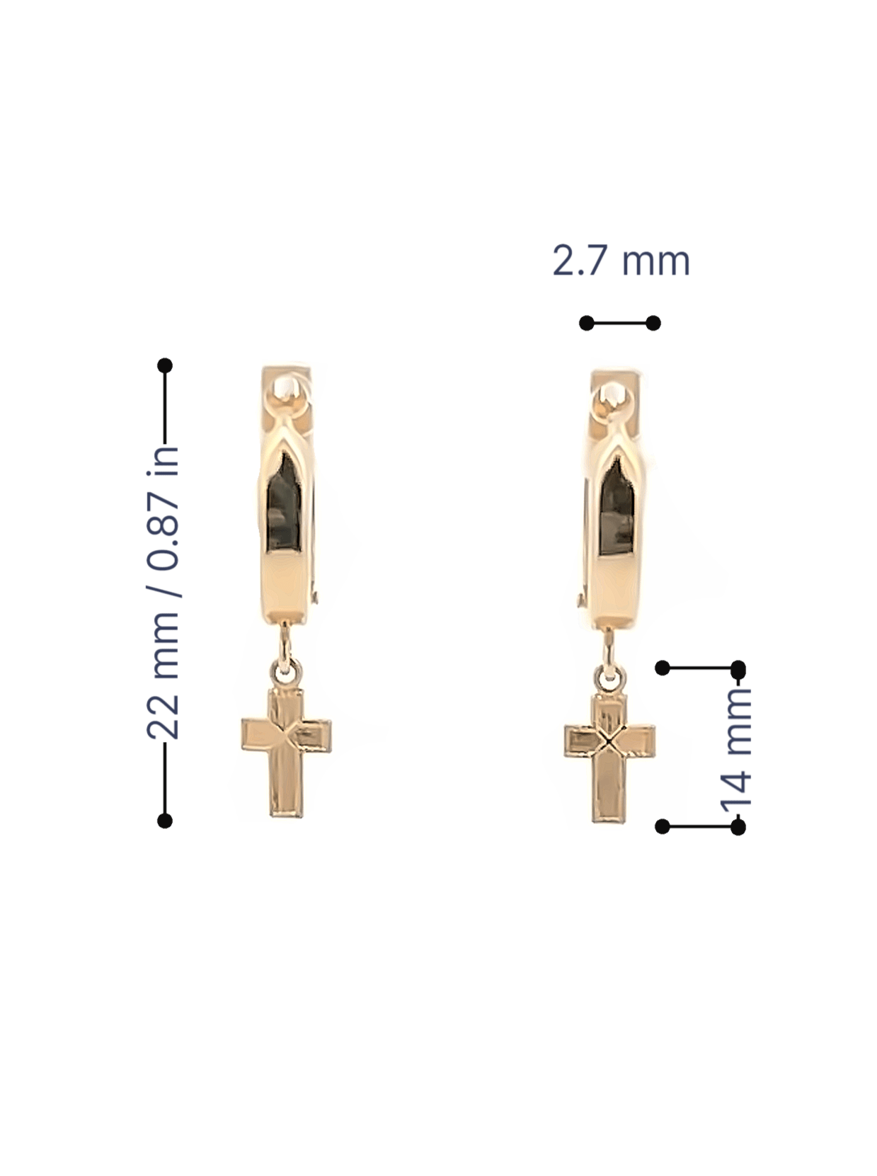 Men's Hoop Earrings Solid 14K Gold Wide Huggie with Tiny Textured Dangle Cross Charm - LeSilveStone