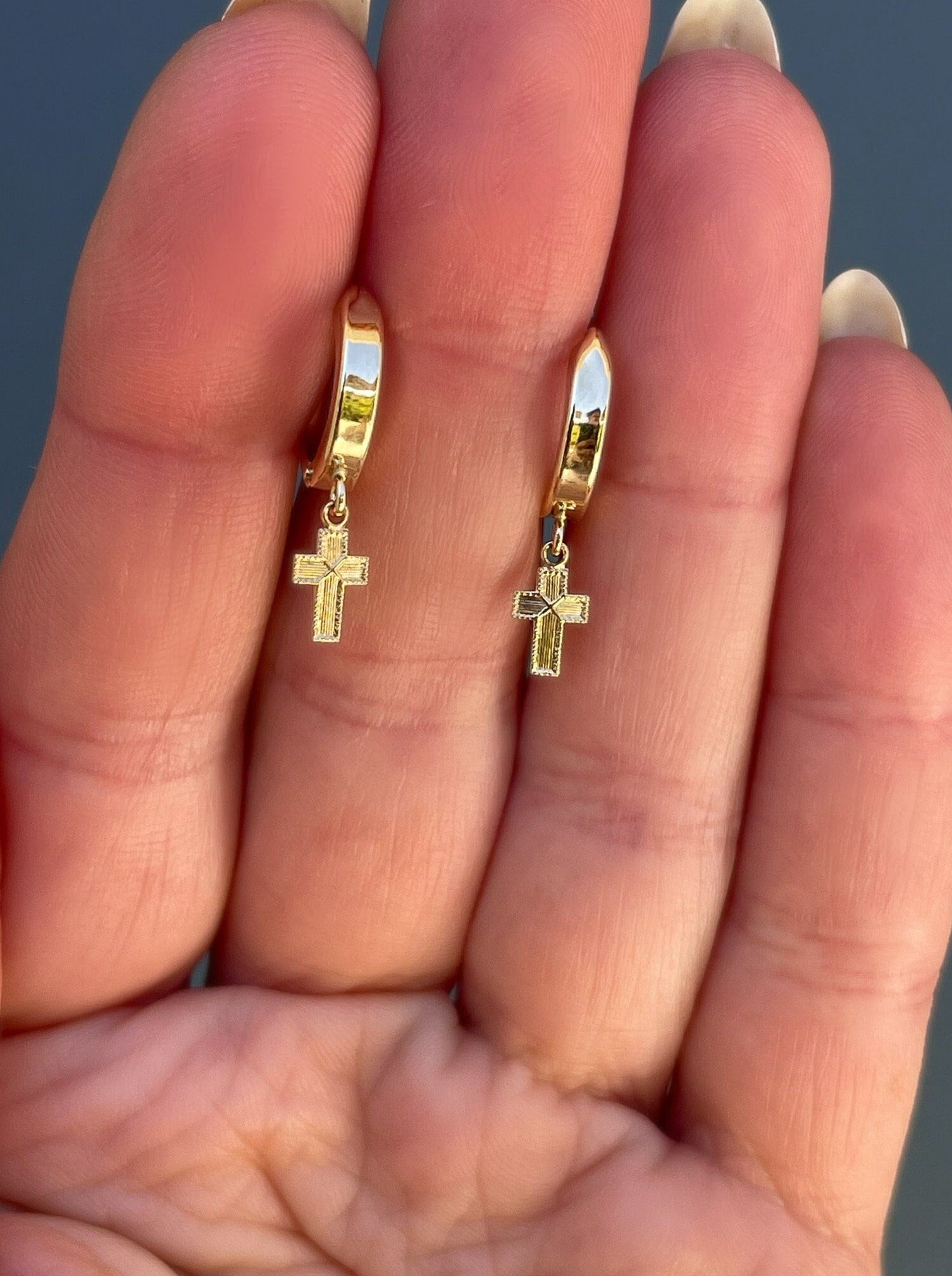 Men's Hoop Earrings Solid 14K Gold Wide Huggie with Tiny Textured Dangle Cross Charm - LeSilveStone