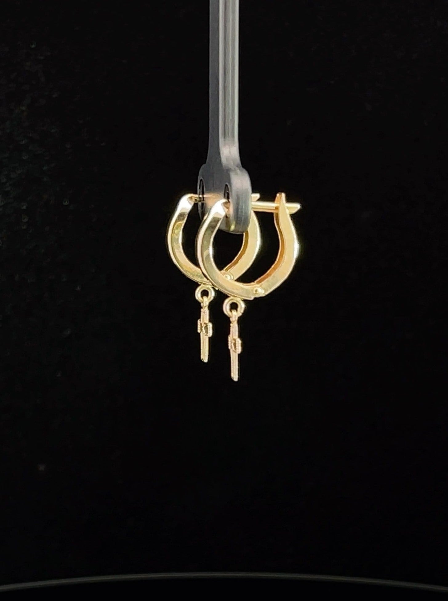 Men's Hoop Earrings Solid 14K Gold Wide Huggie with Tiny Textured Dangle Cross Charm - LeSilveStone