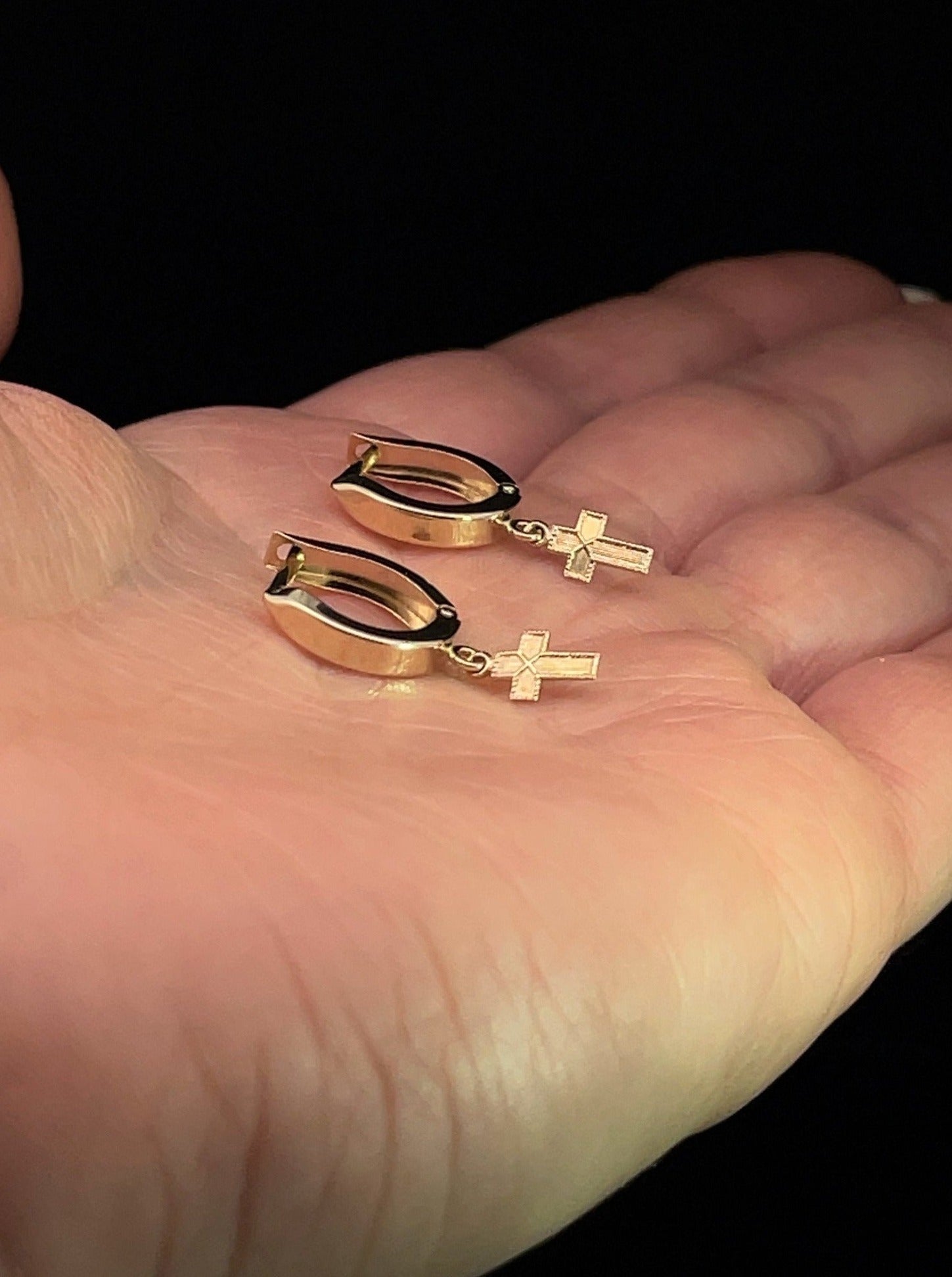 Men's Hoop Earrings Solid 14K Gold Wide Huggie with Tiny Textured Dangle Cross Charm - LeSilveStone