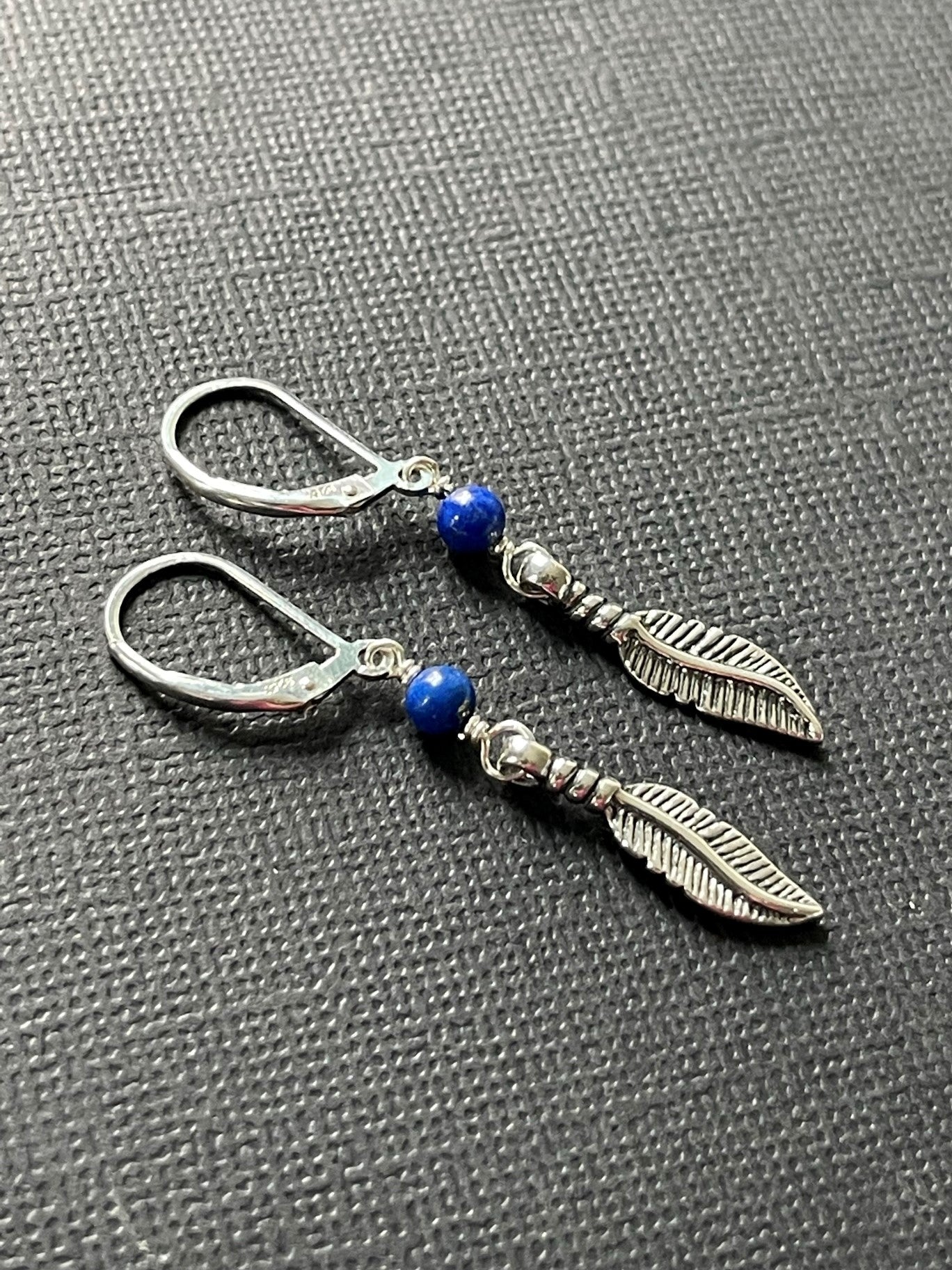 Men's Sterling Silver Dangle Feather Earrings with lapis lazuli - LeSilveStone