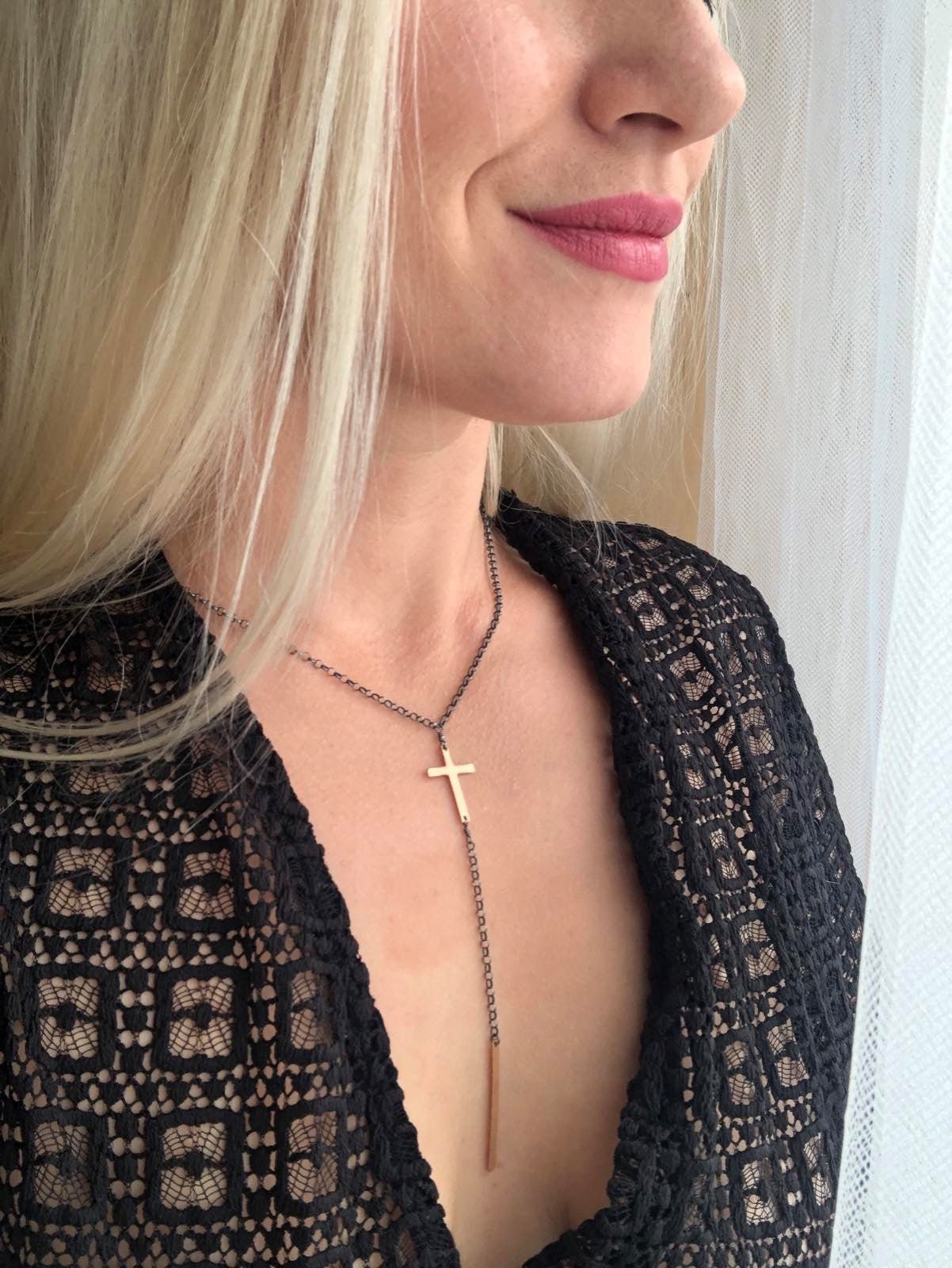 Mixed Metal Cross Lariat Necklace - LeSilveStone