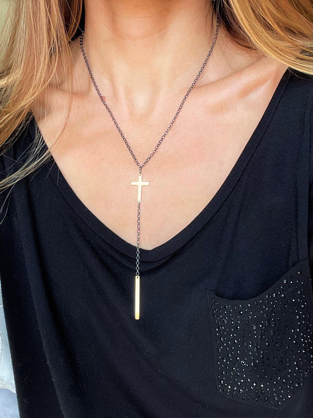Mixed Metal Cross Lariat Necklace - LeSilveStone