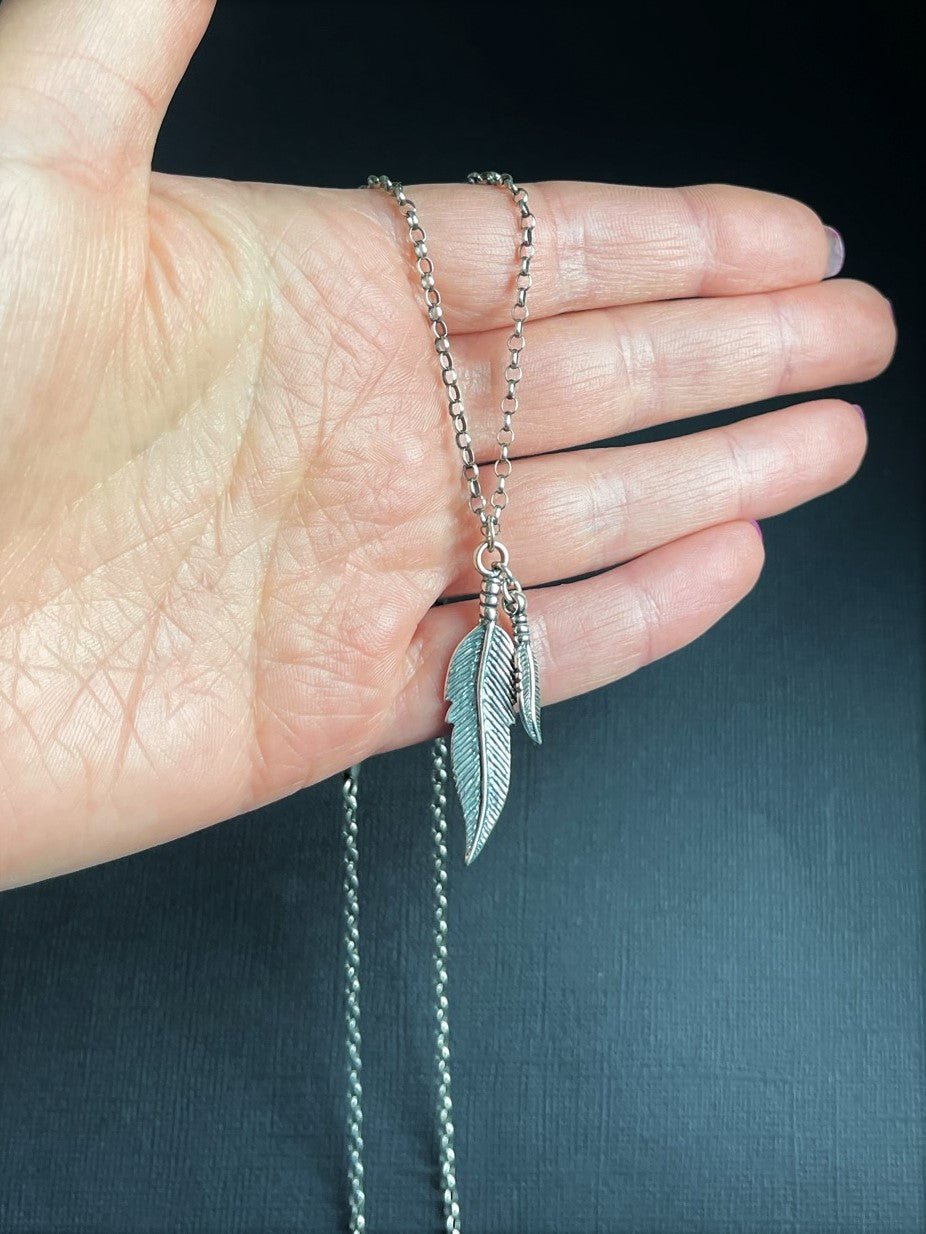 Oxidized Sterling Silver Necklace with Double Feather Pendant - LeSilveStone