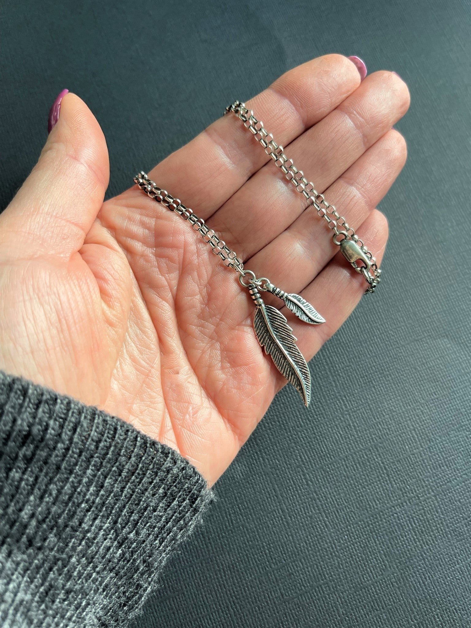 Oxidized Sterling Silver Necklace with Double Feather Pendant - LeSilveStone