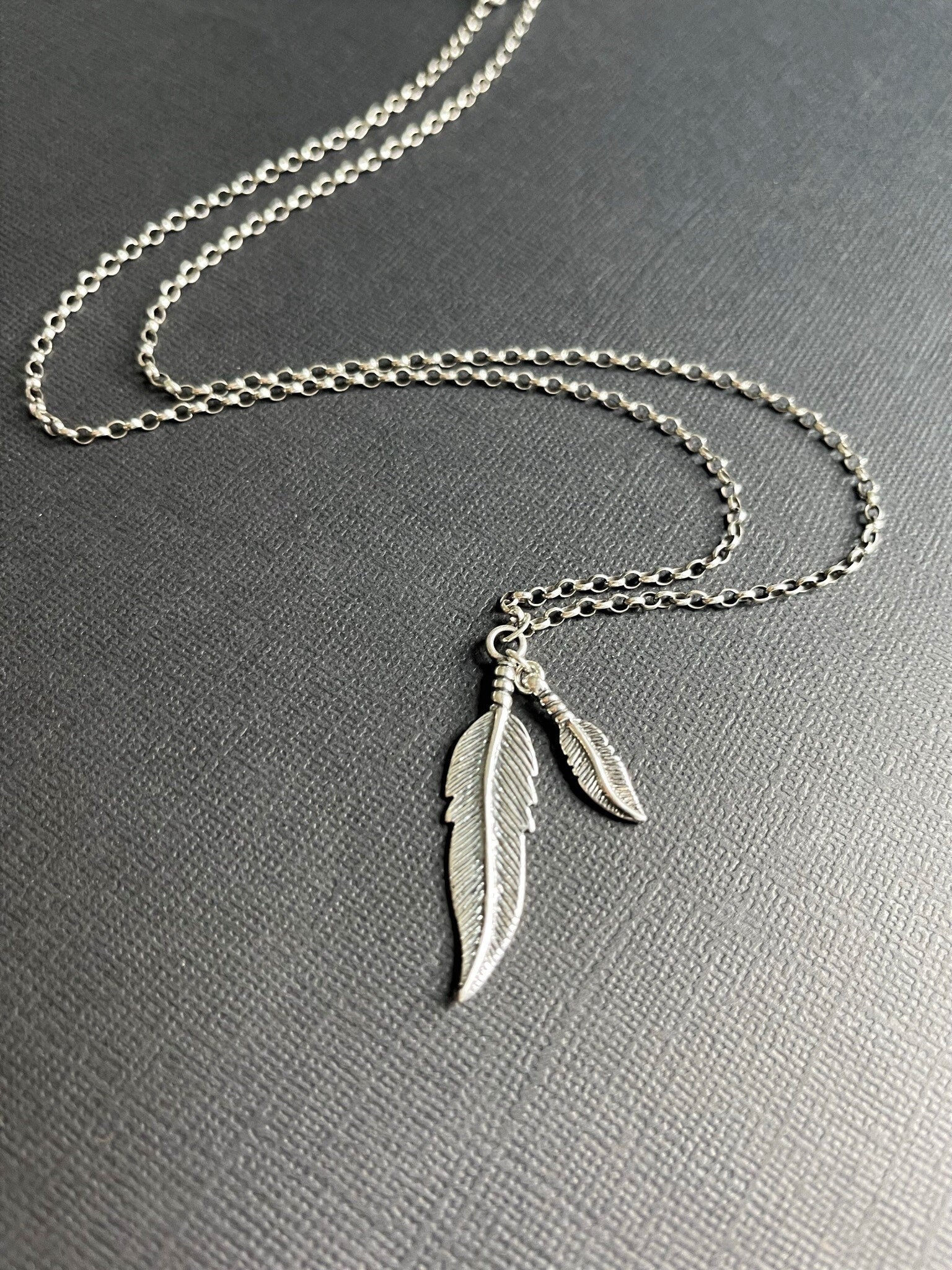 Oxidized Sterling Silver Necklace with Double Feather Pendant for men or women rustic boho - LeSilveStone