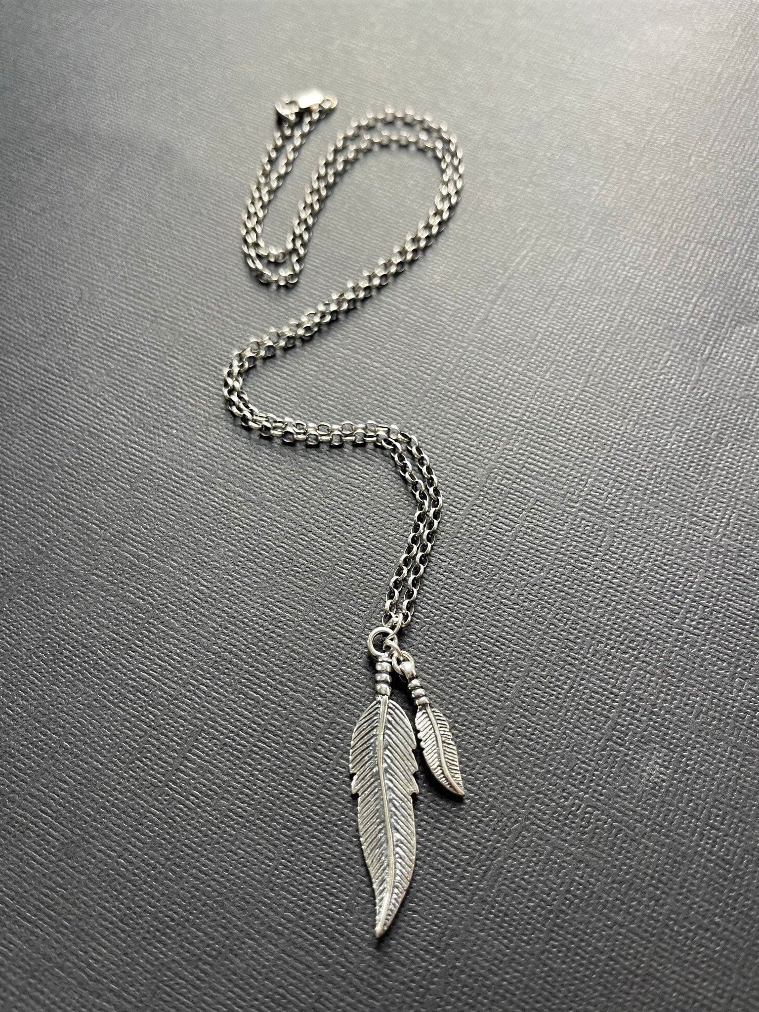 Oxidized Sterling Silver Necklace with Double Feather Pendant - LeSilveStone