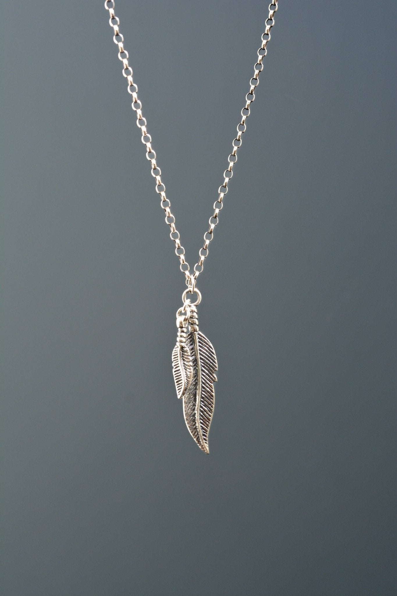 Oxidized Sterling Silver Necklace with Double Feather Pendant - LeSilveStone