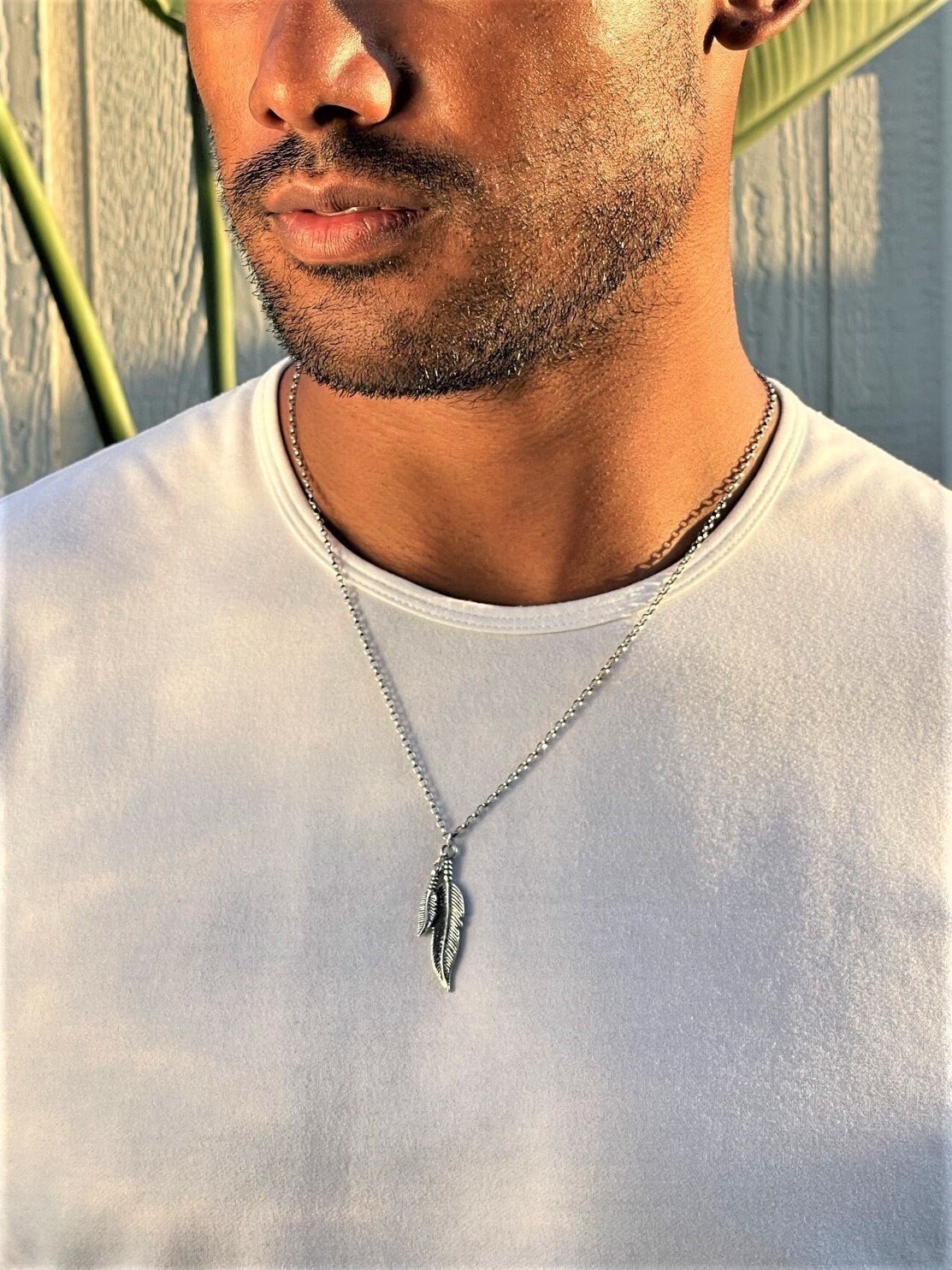 Oxidized Sterling Silver Necklace with Double Feather Pendant - LeSilveStone