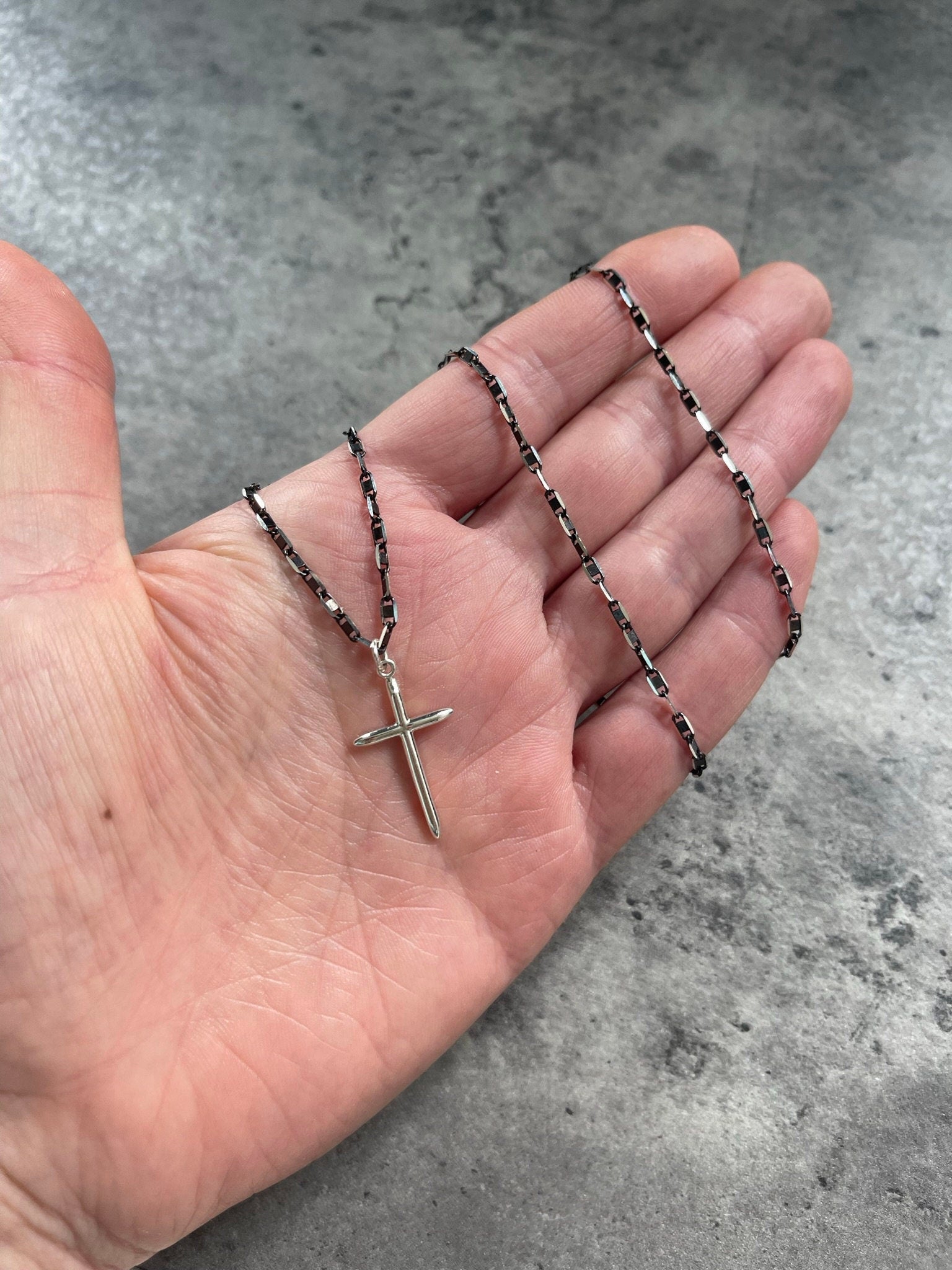 Razorblade Chain Cross Necklace in Sterling Silver with Black Finish - LeSilveStone