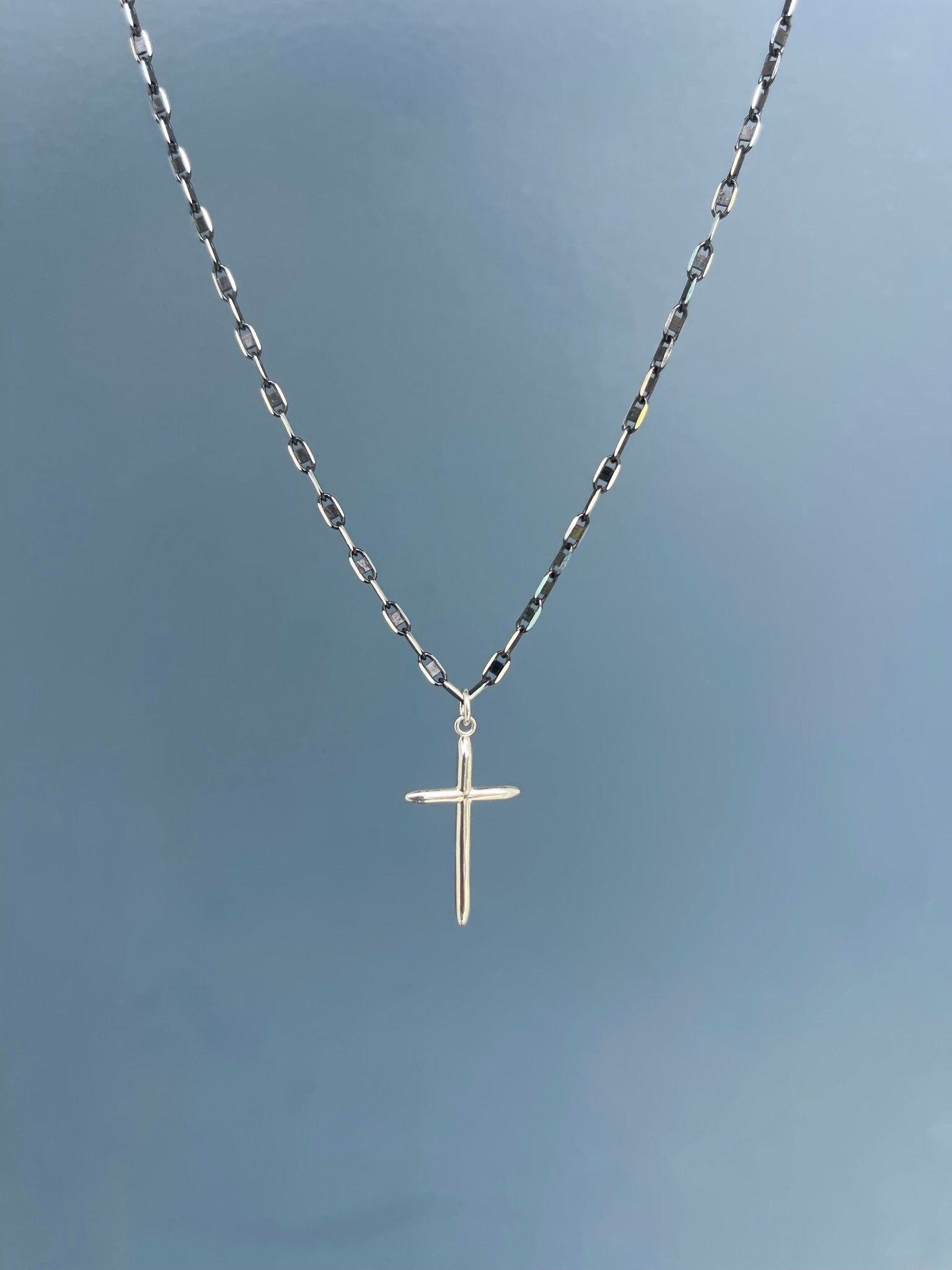 Razorblade Chain Cross Necklace in Sterling Silver with Black Finish - LeSilveStone