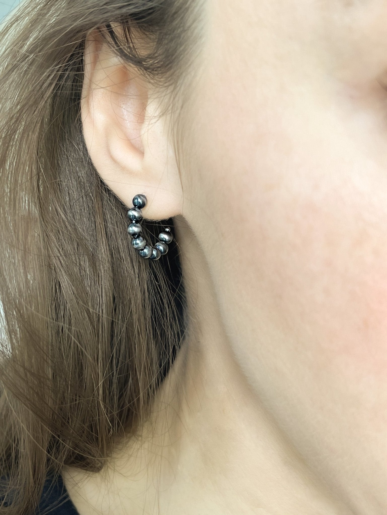 Small Dainty Navajo Pearls Sterling Silver Hoop Earrings - LeSilveStone