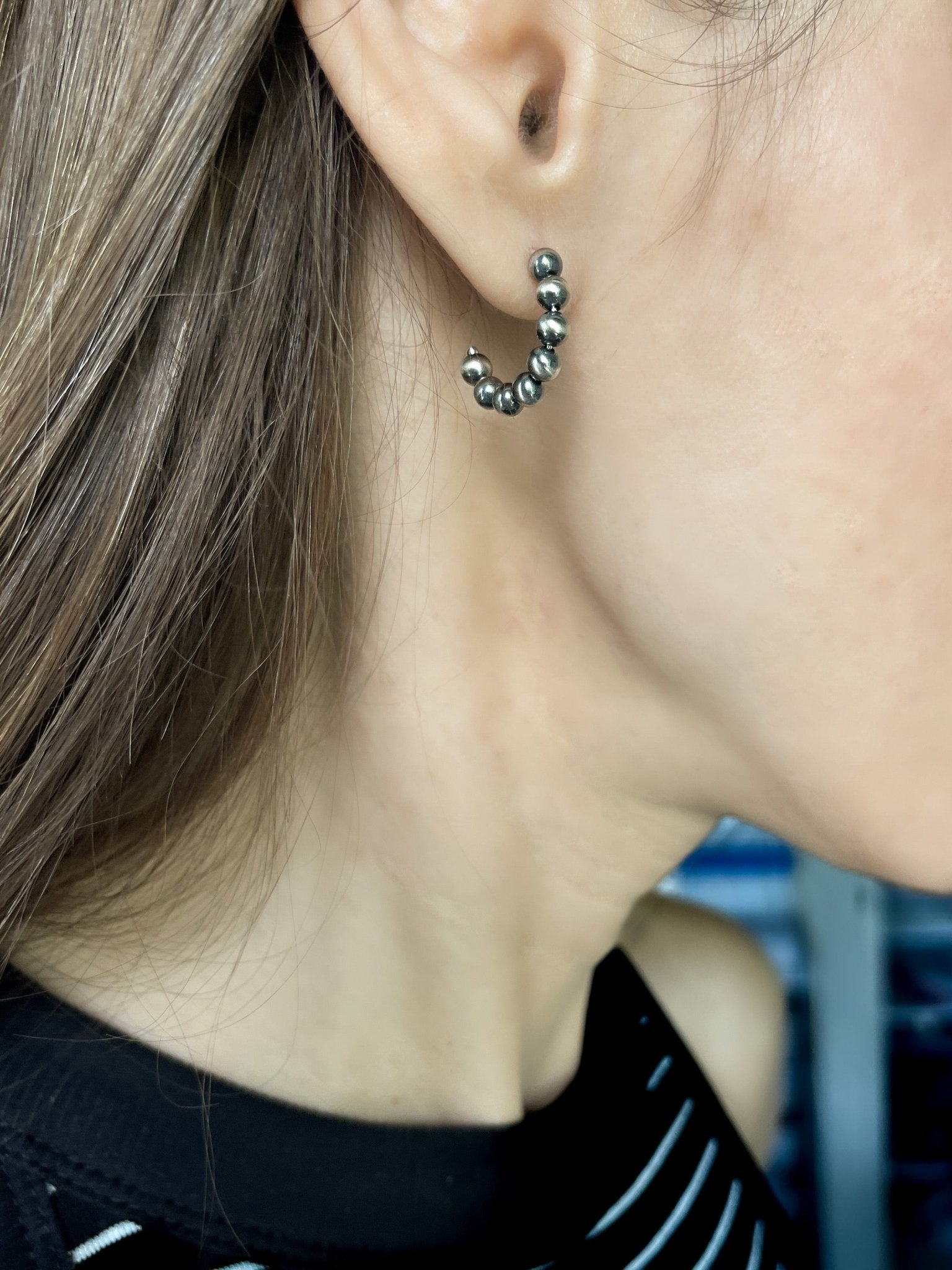 Small Dainty boho western Navajo Pearls Sterling Silver Hoop Earrings - LeSilveStone