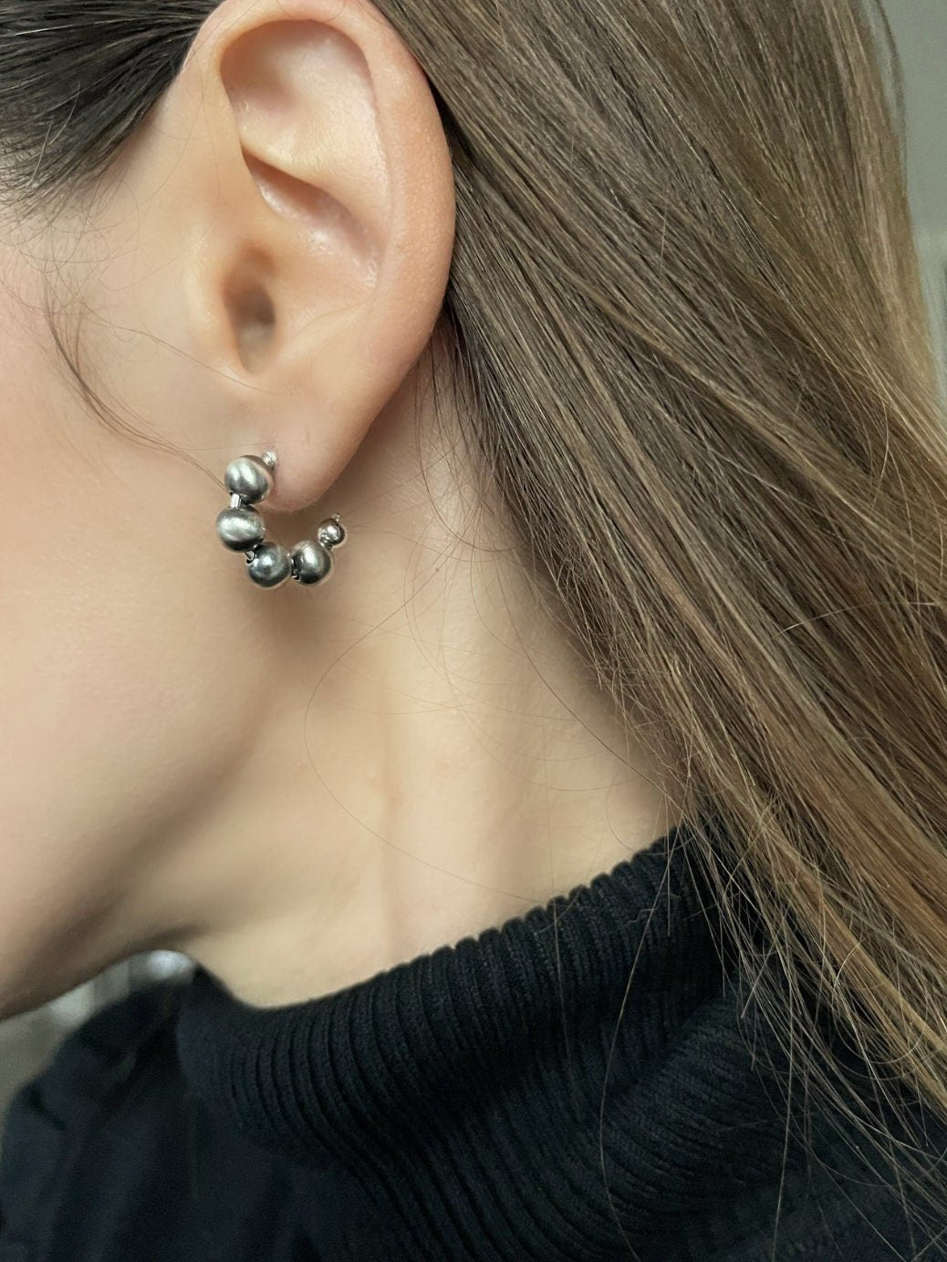 Small Navajo Pearls Sterling Silver Hoop Earrings boho western - LeSilveStone