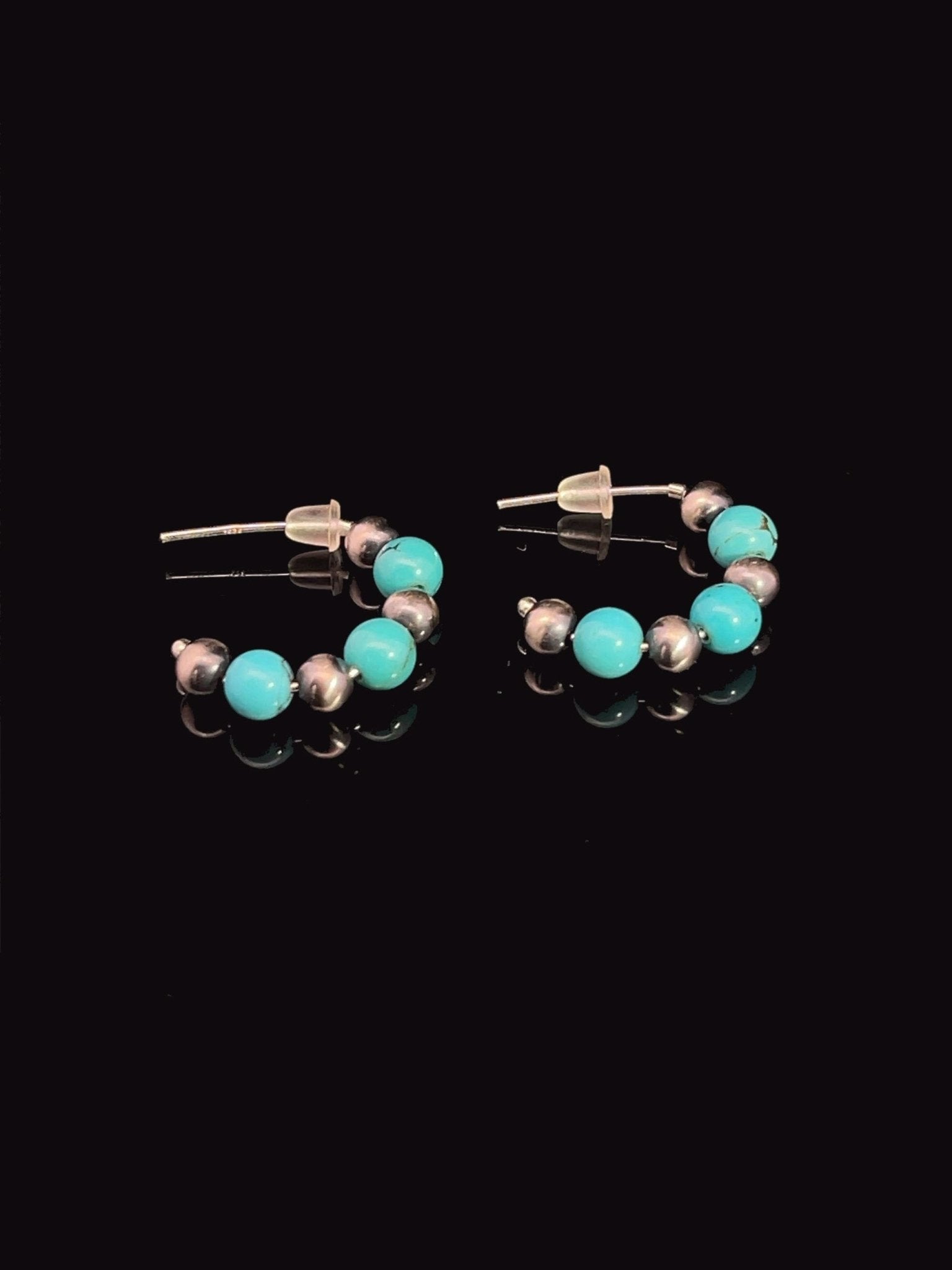 Small Turquoise & Navajo Pearls Sterling Silver Hoop Earrings - LeSilveStone