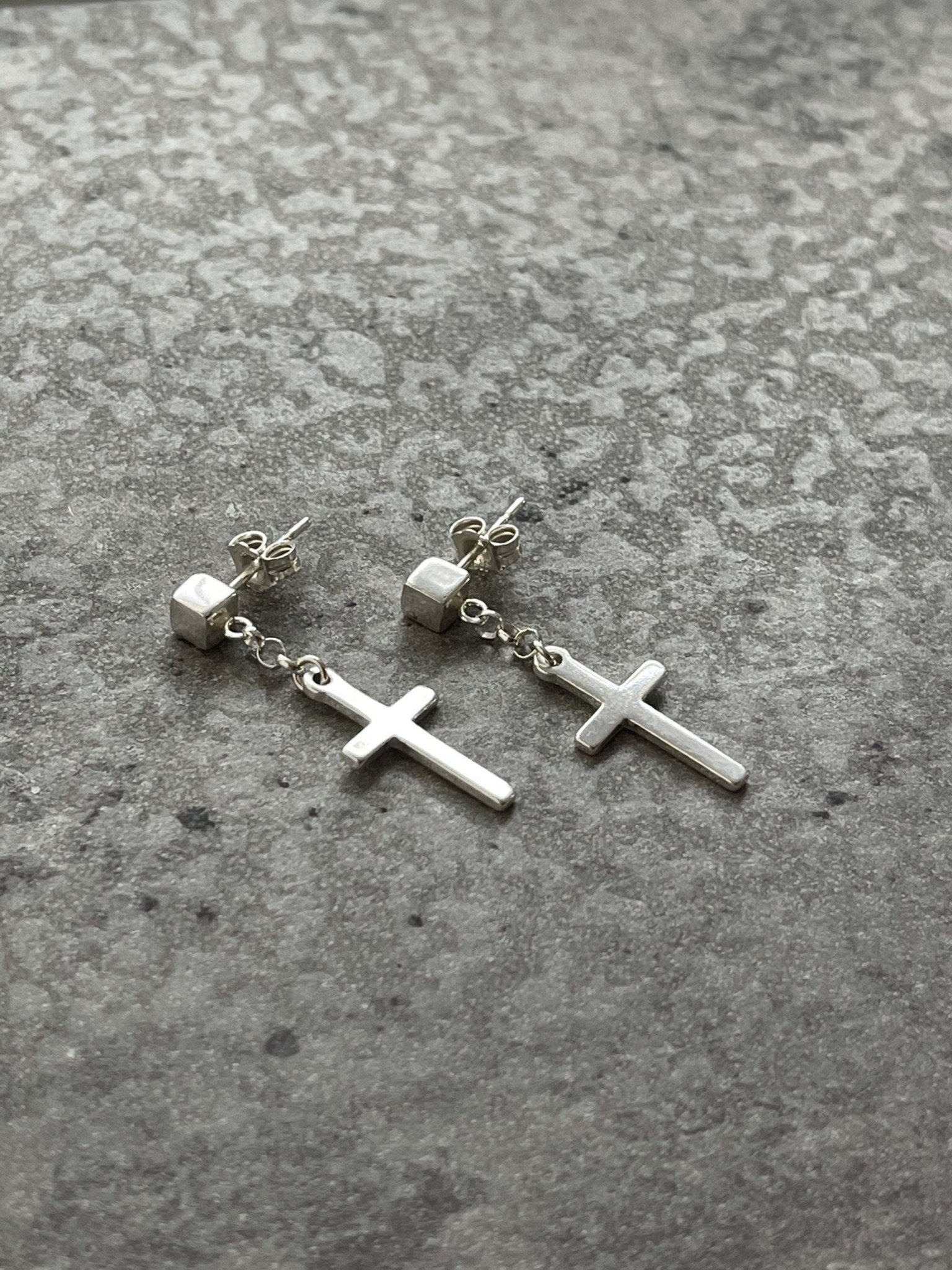 Sterling Silver Cube Earrings with Dangle Cross - LeSilveStone