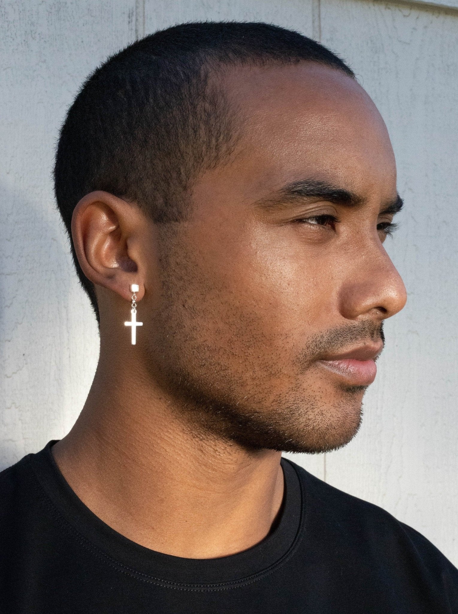 Mens Sterling Silver Cube Earrings with Dangle Cross - LeSilveStone