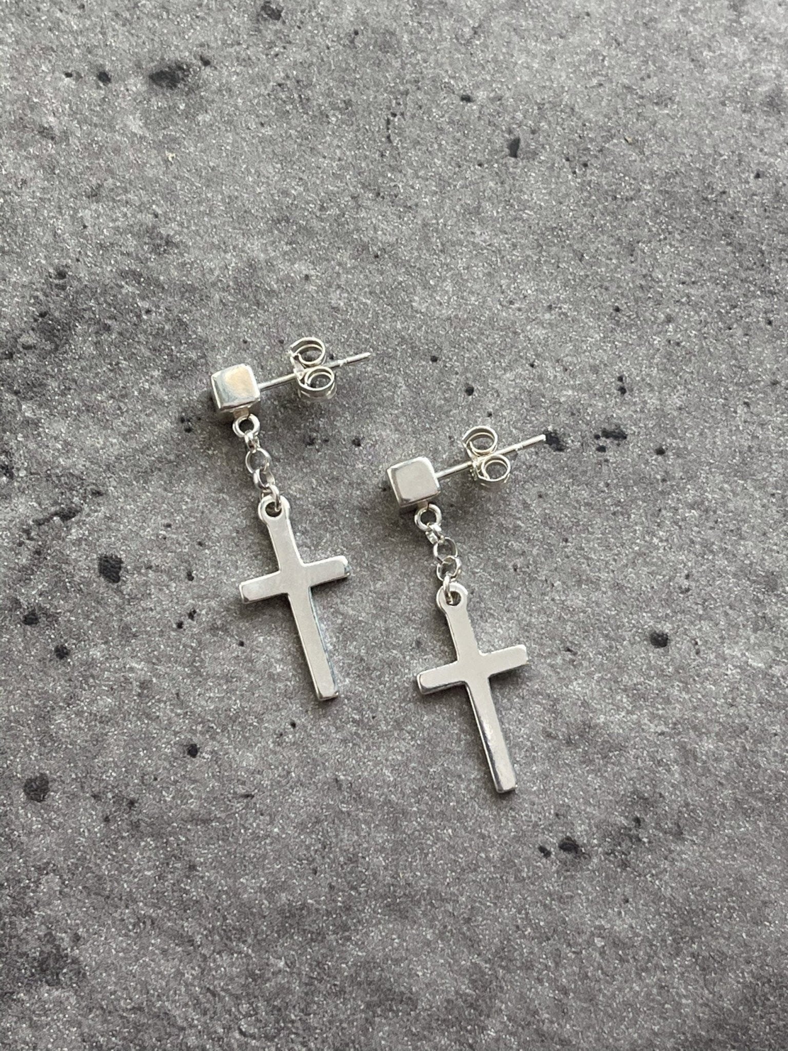 Sterling Silver Cube Earrings for men with Dangle Cross - LeSilveStone