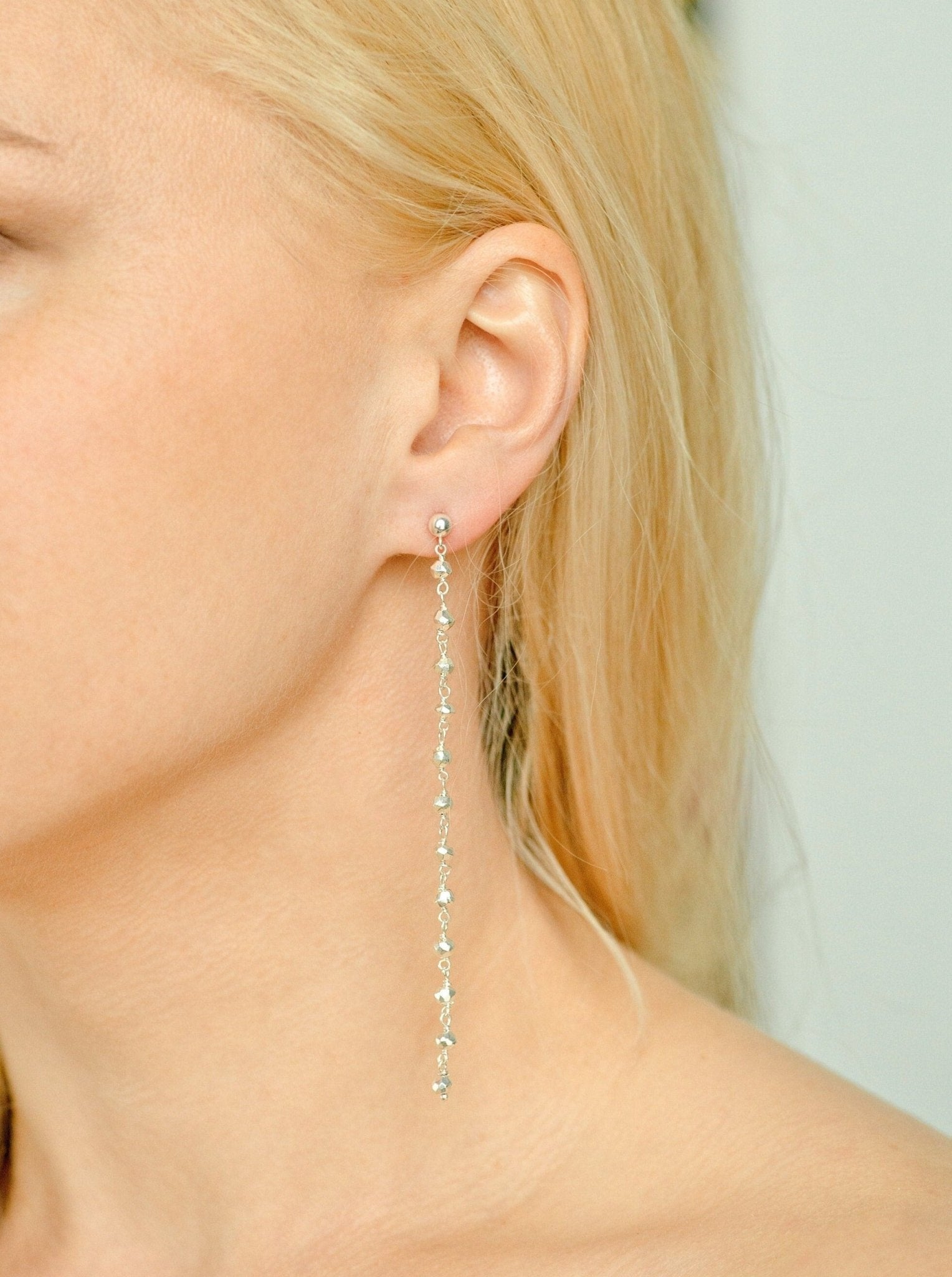 Long dangle and drop Sterling Silver Earrings Beaded with Pyrite Stones - LeSilveStone