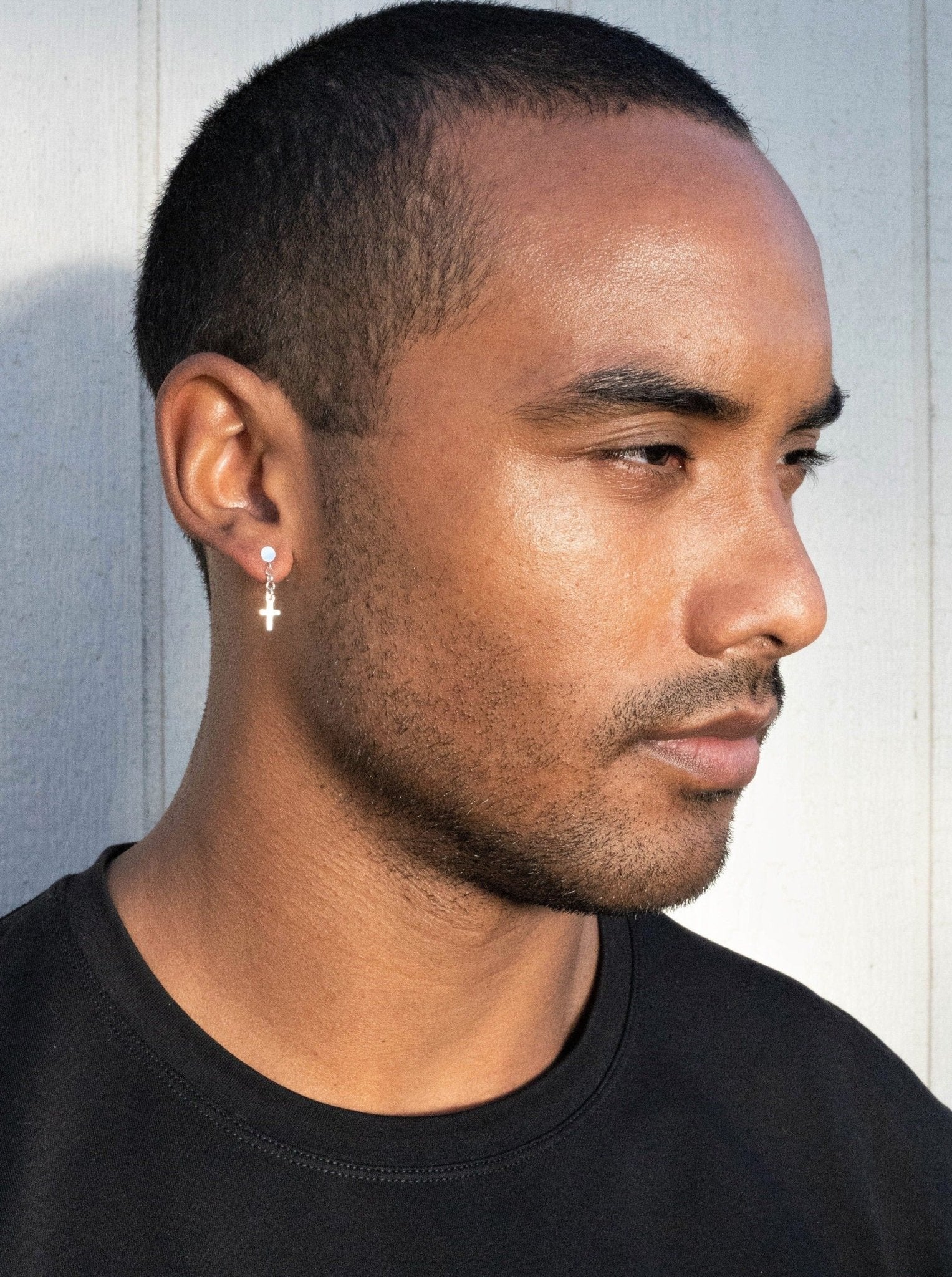 mens Tiny Dot Stud Earrings with Dangle Cross - LeSilveStone