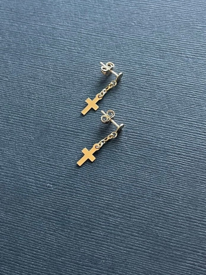 Tiny Dot Stud Earrings with Dangle Cross in 14k gold filled- LeSilveStone