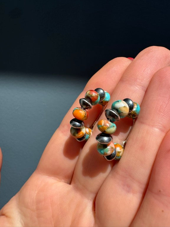 Spiny Oyster Mohave Copper Turquoise Earrings, Small Hoops