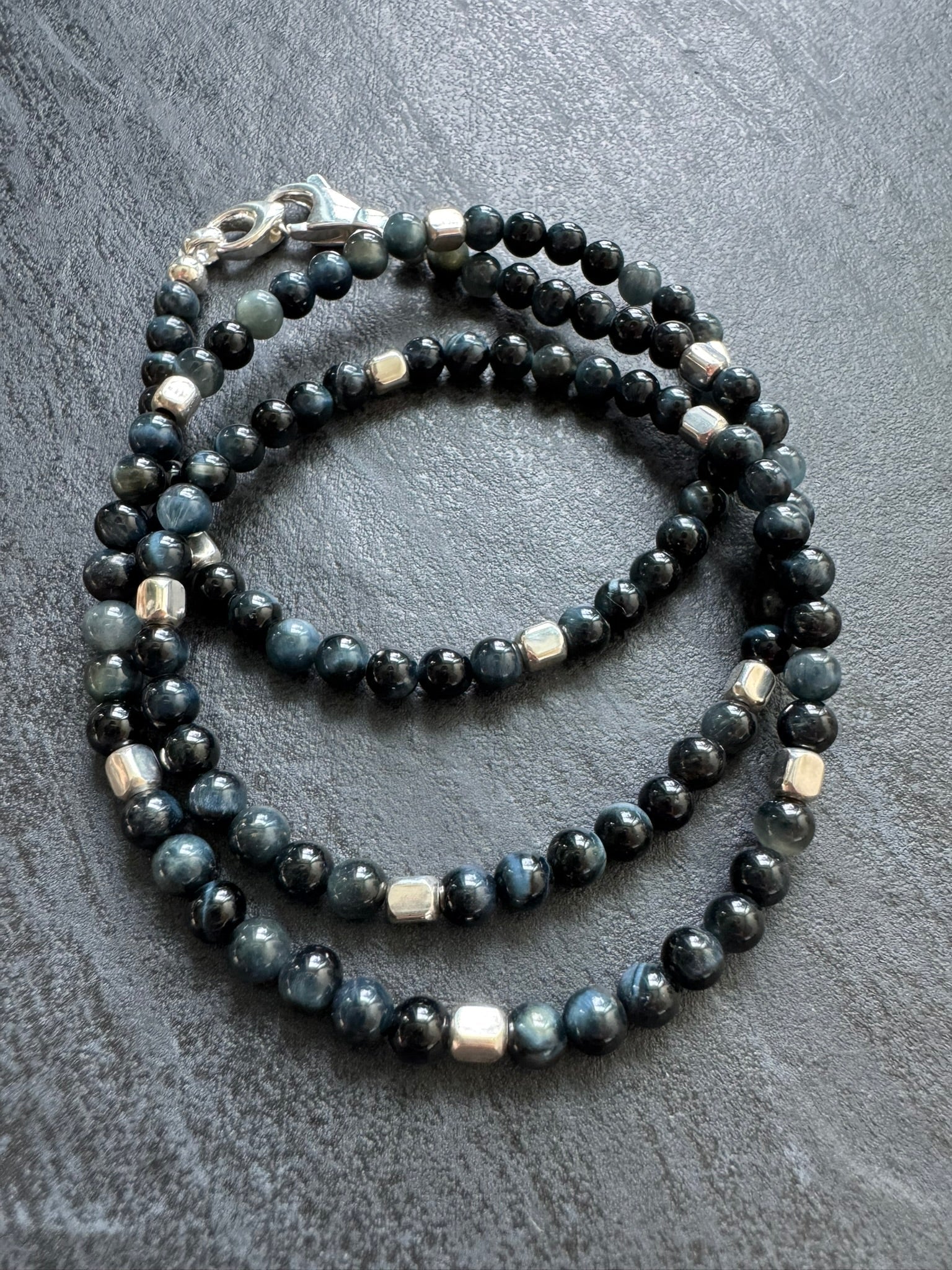 Blue Tiger Eye Men’s Beaded Necklace in Sterling Silver - LeSilveStone