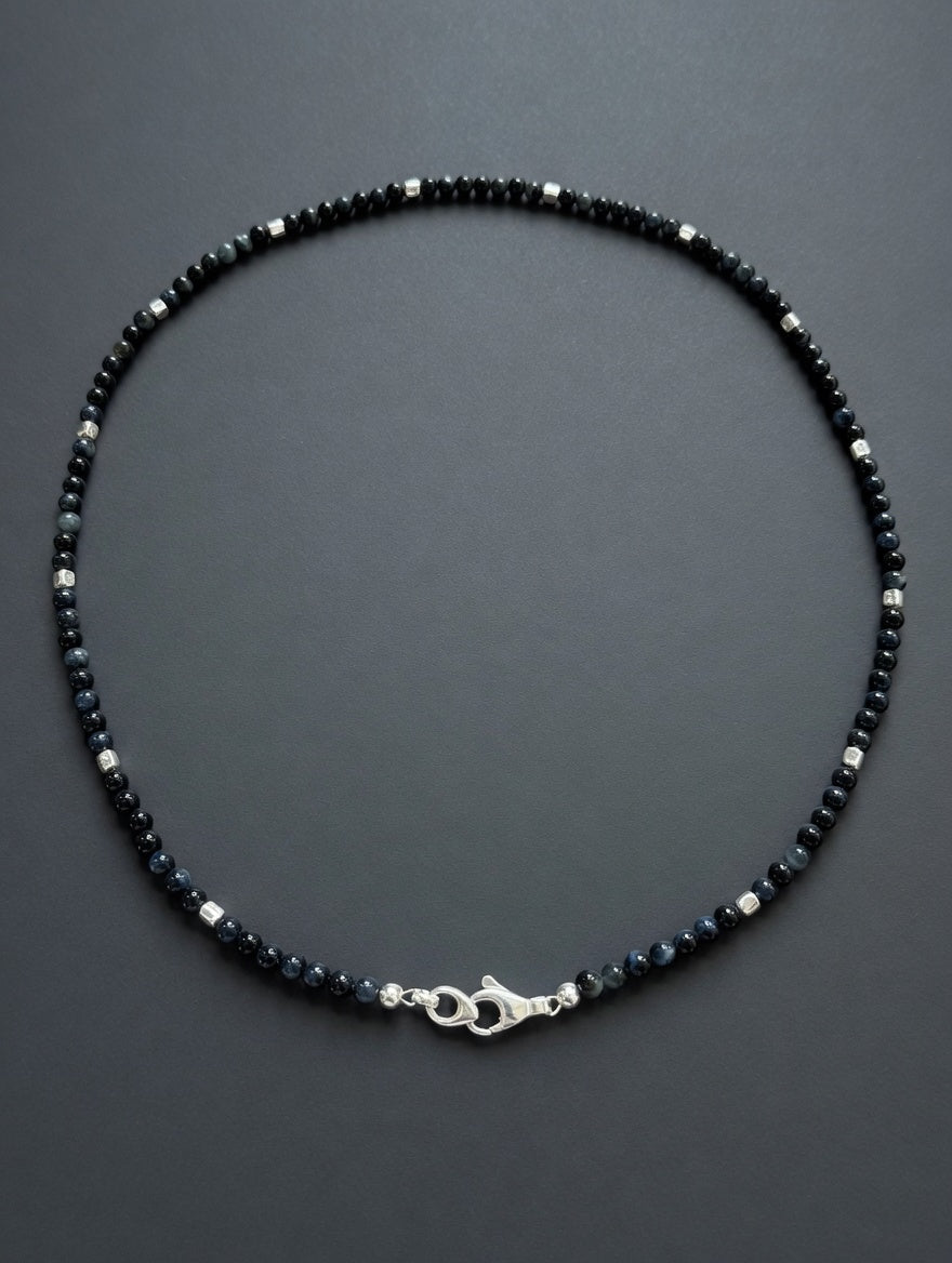 Blue Tiger Eye Men’s Beaded Necklace in Sterling Silver - LeSilveStone