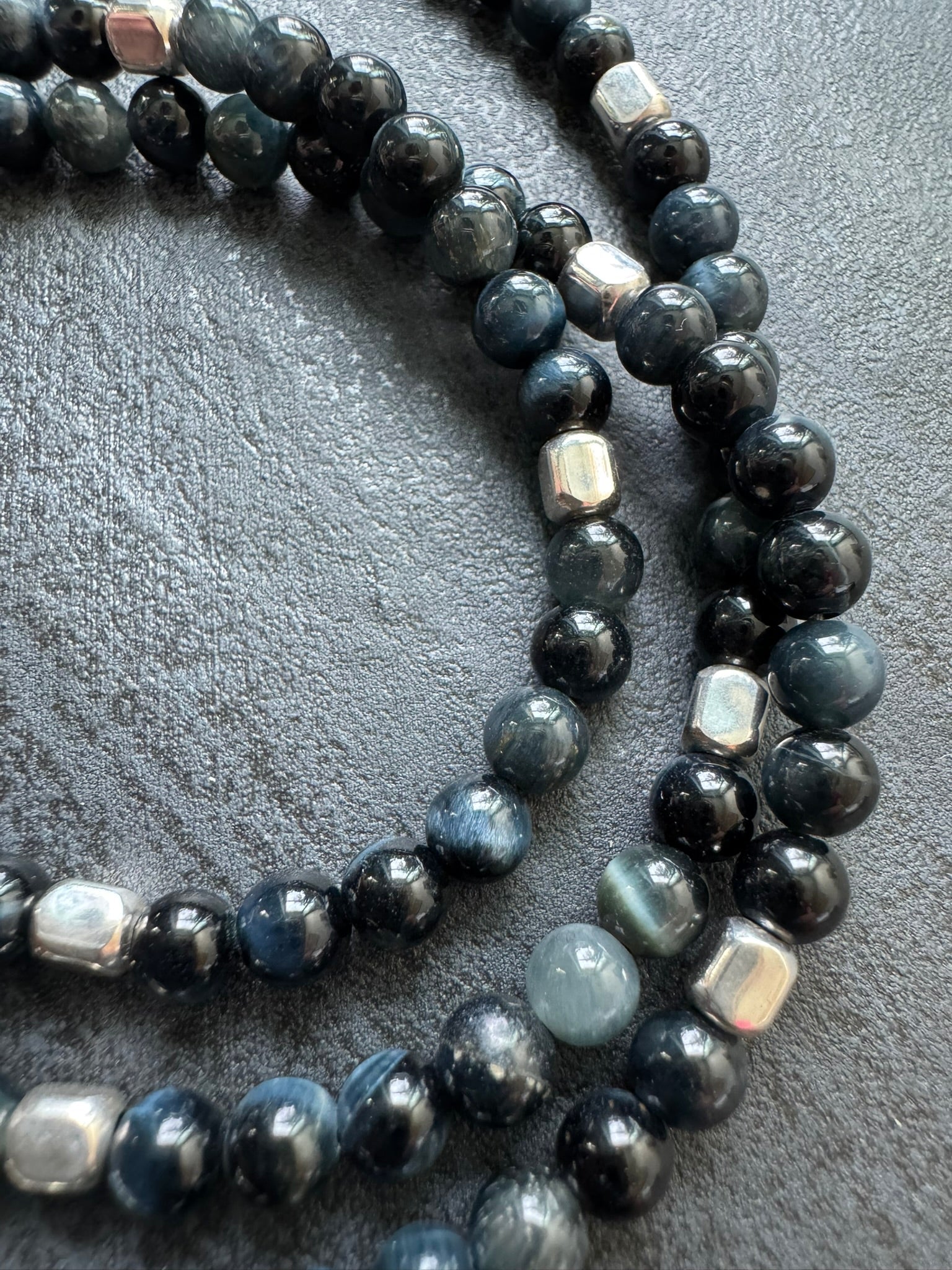 Blue Tiger Eye Men’s Beaded Necklace in Sterling Silver - LeSilveStone