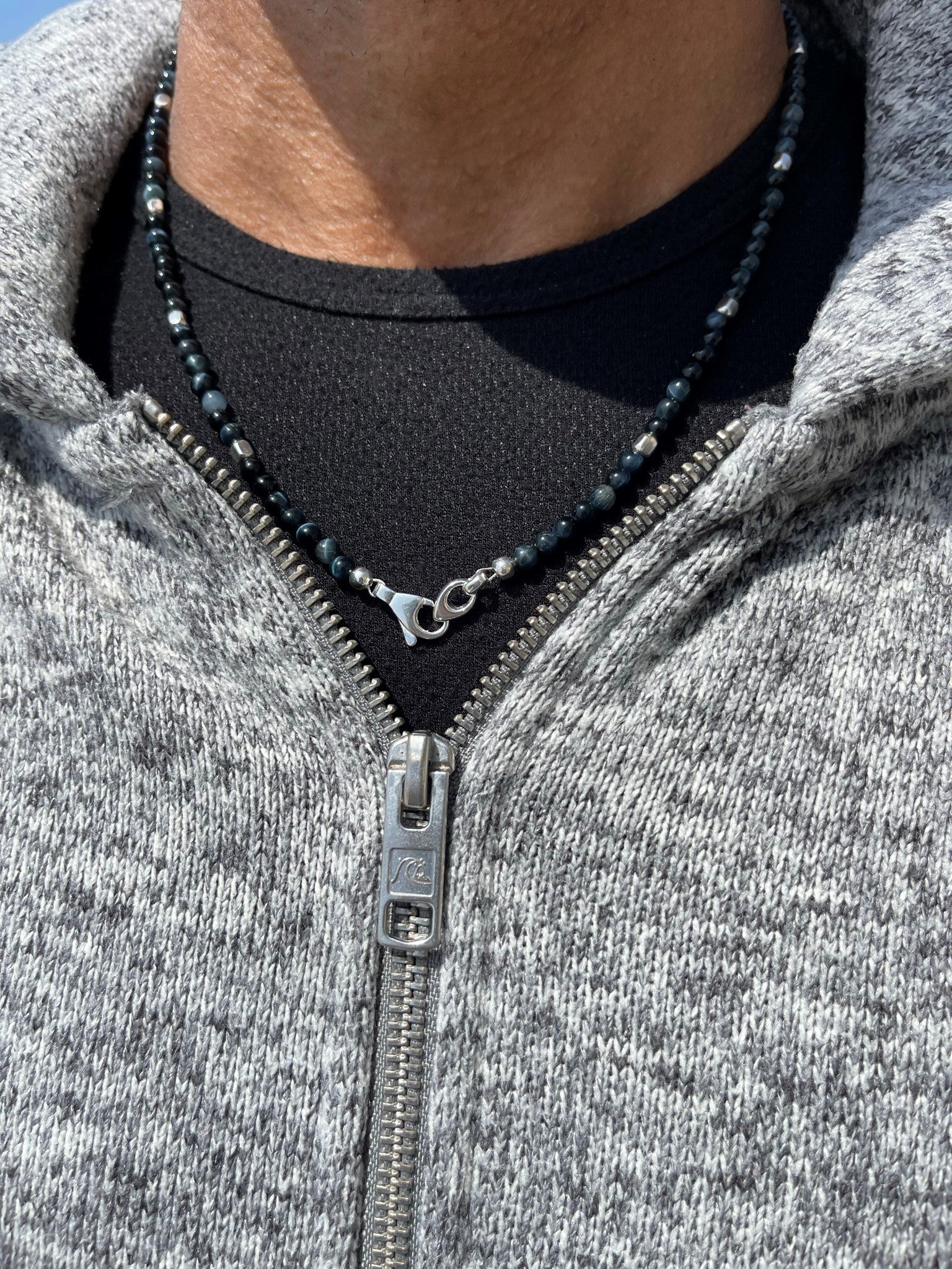 Blue Tiger Eye Men’s Beaded Necklace in Sterling Silver - LeSilveStone