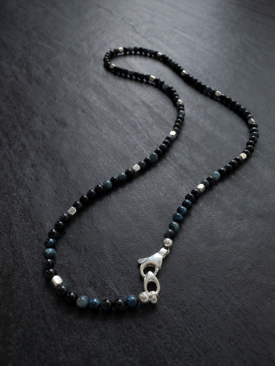 Blue Tiger Eye Men’s Beaded Necklace in Sterling Silver - LeSilveStone