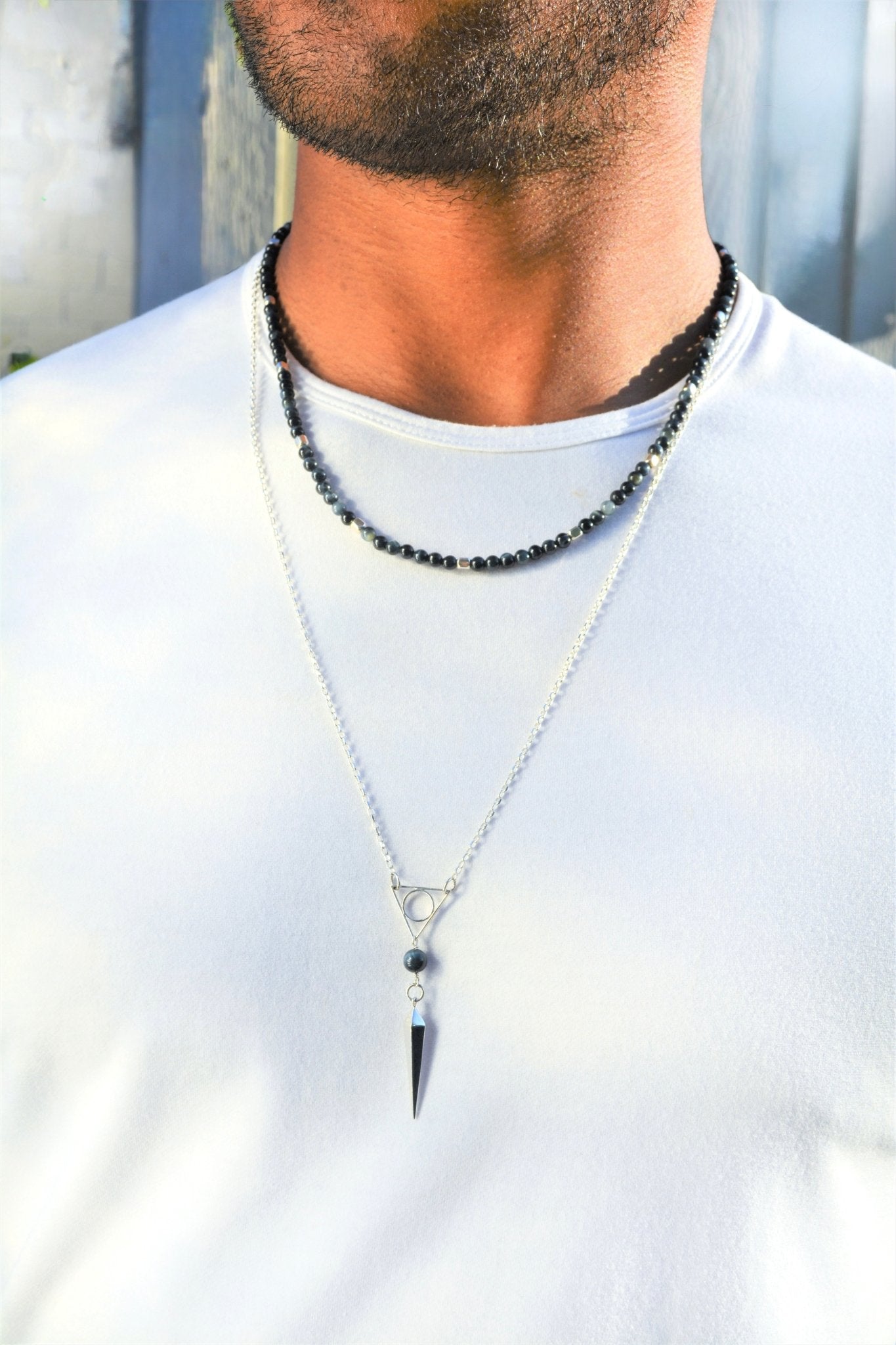 Blue Tiger Eye Men’s Beaded Necklace in Sterling Silver - LeSilveStone