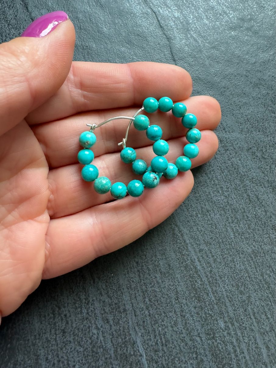Chunky Turquoise Beaded Hoop Earrings, 25 - 30 mm - LeSilveStone