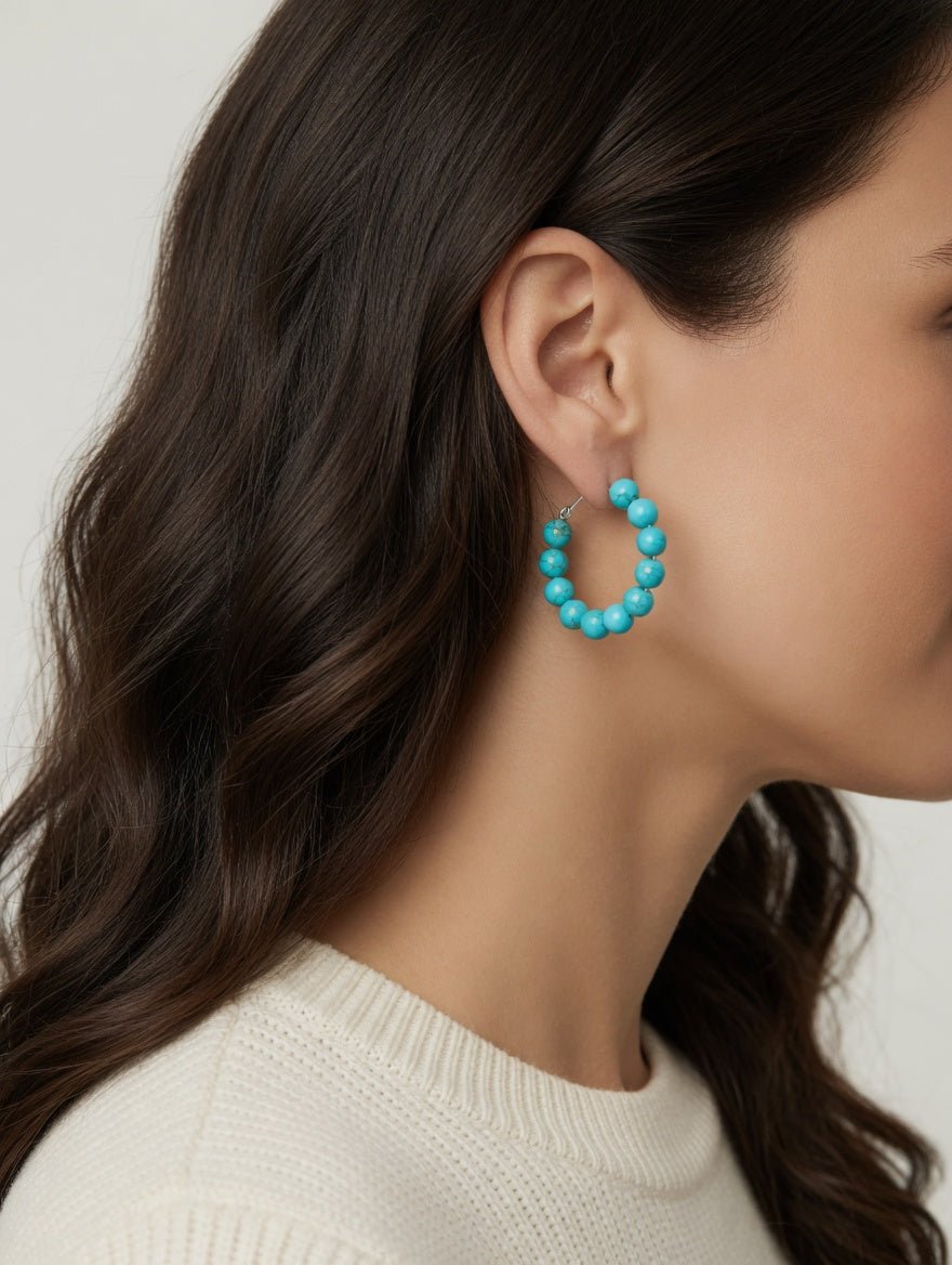 Chunky Turquoise Beaded Hoop Earrings, 25 - 30 mm - LeSilveStone
