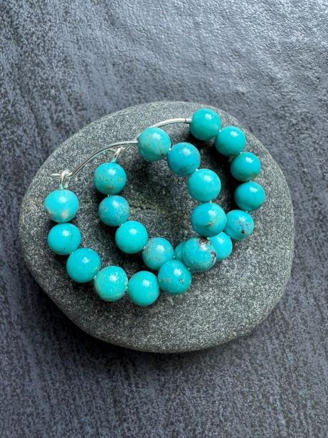 Chunky Turquoise Beaded Hoop Earrings, 25 - 30 mm - LeSilveStone