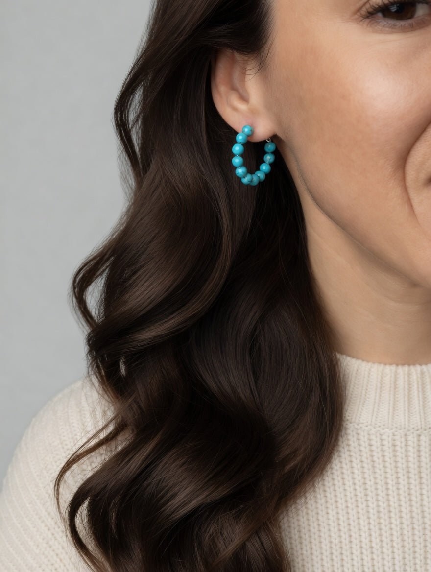 Chunky Turquoise Beaded Hoop Earrings, 25 - 30 mm - LeSilveStone