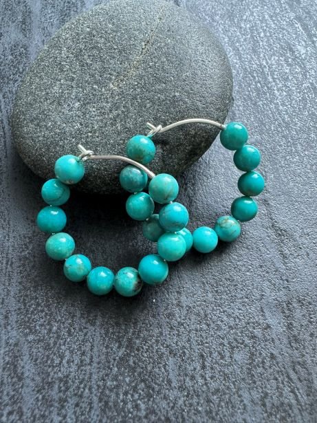 Chunky Turquoise Beaded Hoop Earrings, 25 - 30 mm - LeSilveStone