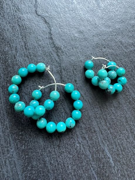 Chunky Turquoise Beaded Hoop Earrings, 25 - 30 mm - LeSilveStone