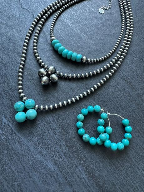 Chunky Turquoise Beaded Hoop Earrings, 25 - 30 mm - LeSilveStone